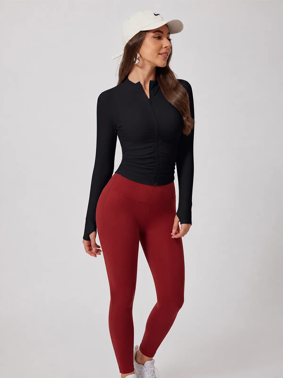 Zipline Ruch Ruched Ribbed Zip-Front Long-Sleeve Yoga Top — black — long-sleeve-top — authoritative variation match