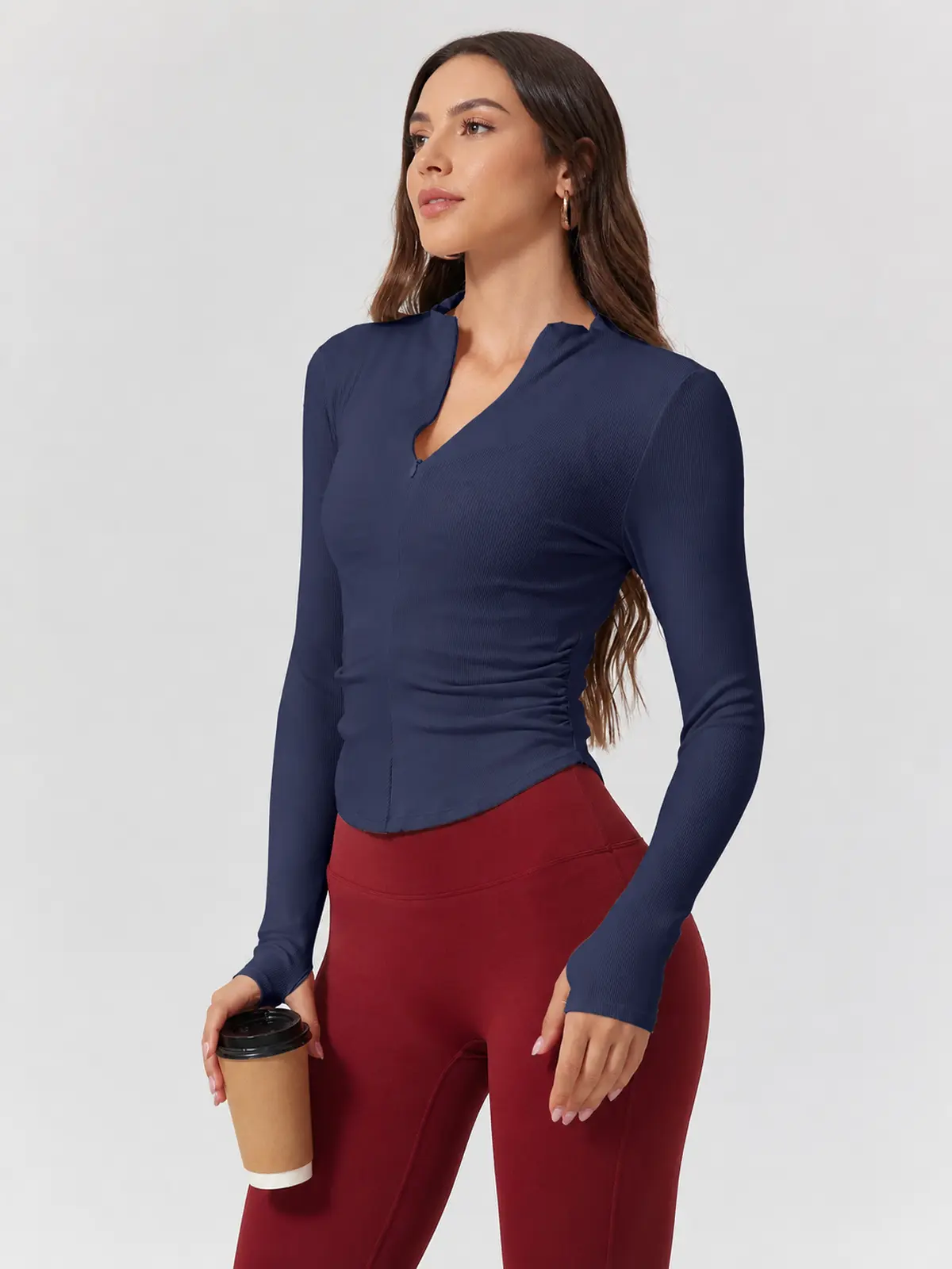 Zipline Ruch Ruched Ribbed Zip-Front Long-Sleeve Yoga Top — dark blue-gray — long-sleeve-top — authoritative variation image