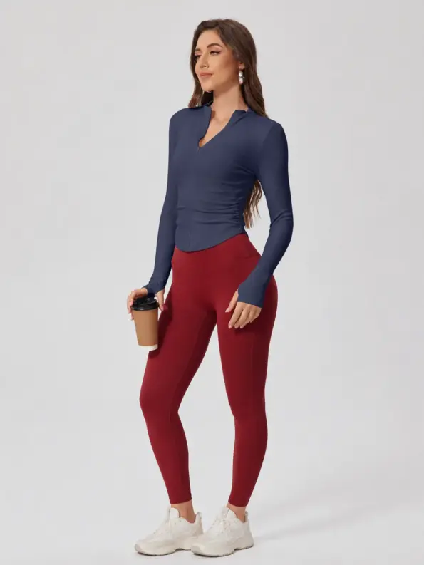 Zipline Ruch Ruched Ribbed Zip-Front Long-Sleeve Yoga Top — dark blue-gray — long-sleeve-top — authoritative variation match
