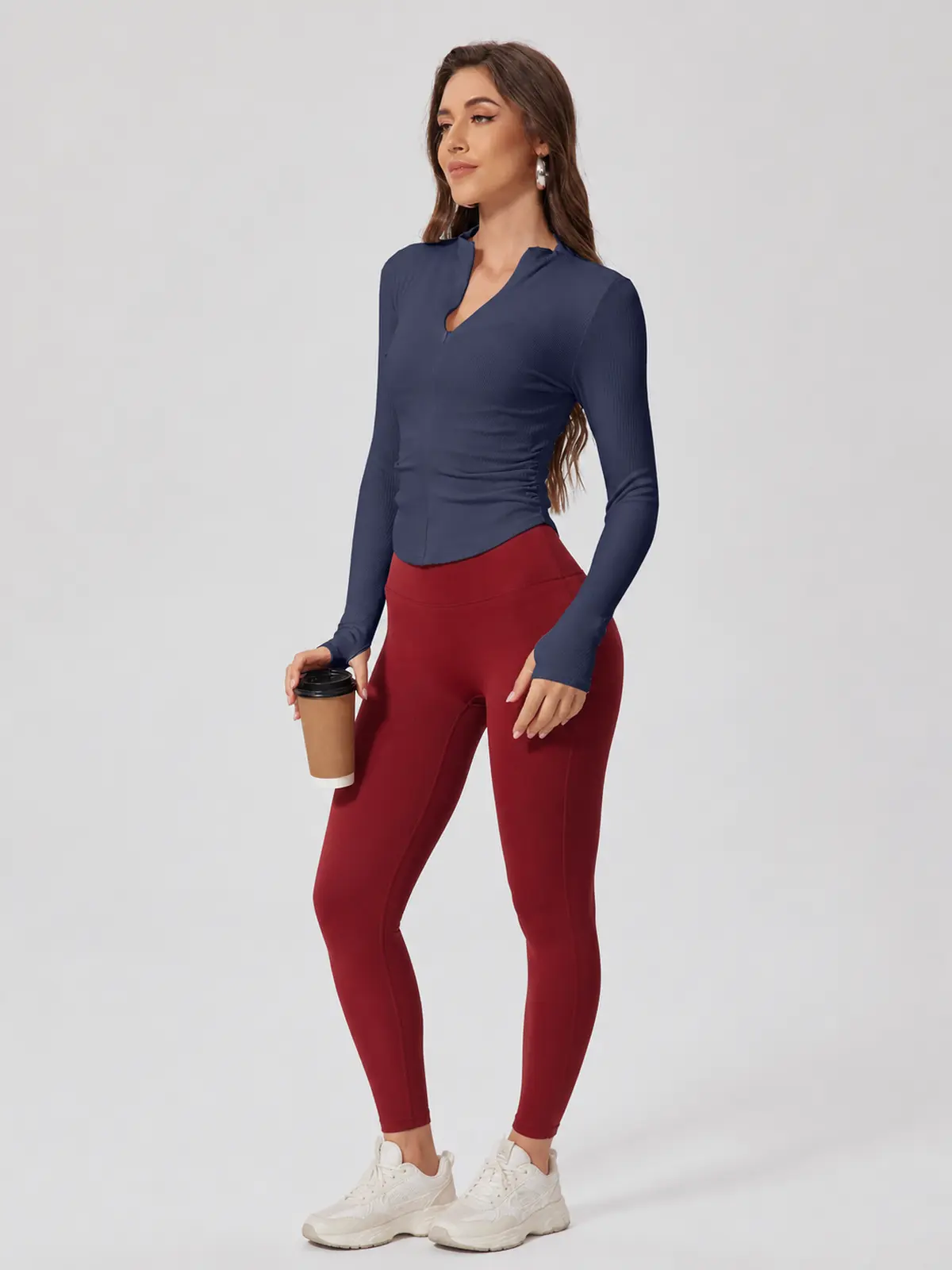 Zipline Ruch Ruched Ribbed Zip-Front Long-Sleeve Yoga Top — dark blue-gray — long-sleeve-top — authoritative variation match