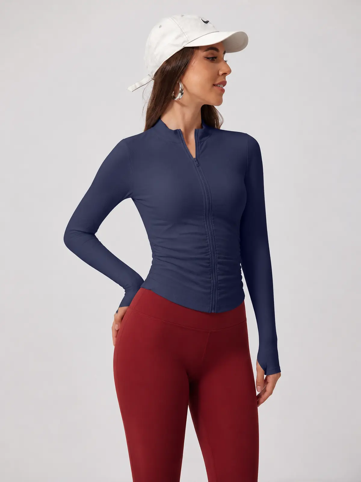 Zipline Ruch Ruched Ribbed Zip-Front Long-Sleeve Yoga Top — dark blue-gray — long-sleeve-top — authoritative variation match