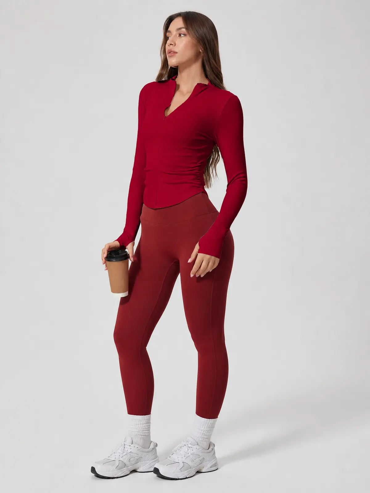 Zipline Ruch Ruched Ribbed Zip-Front Long-Sleeve Yoga Top — red — long-sleeve-top — authoritative variation image
