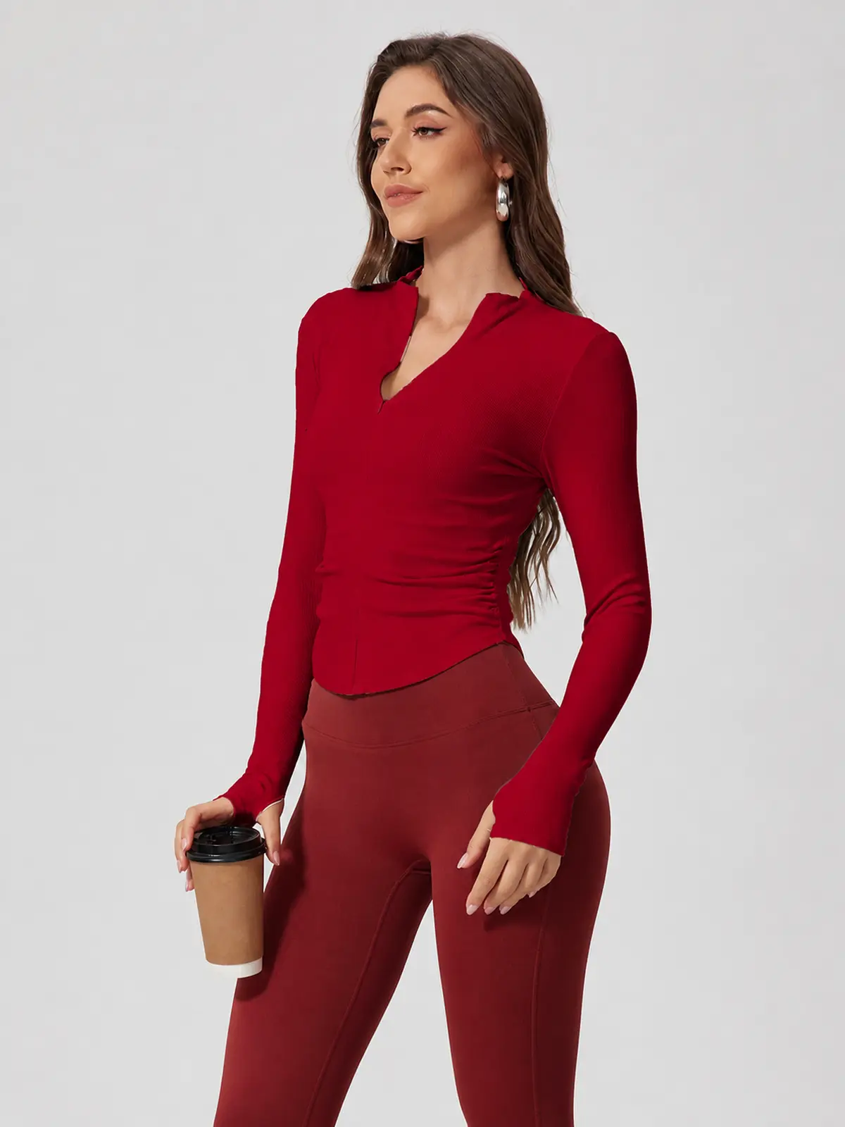 Zipline Ruch Ruched Ribbed Zip-Front Long-Sleeve Yoga Top — red — long-sleeve-top — authoritative variation match