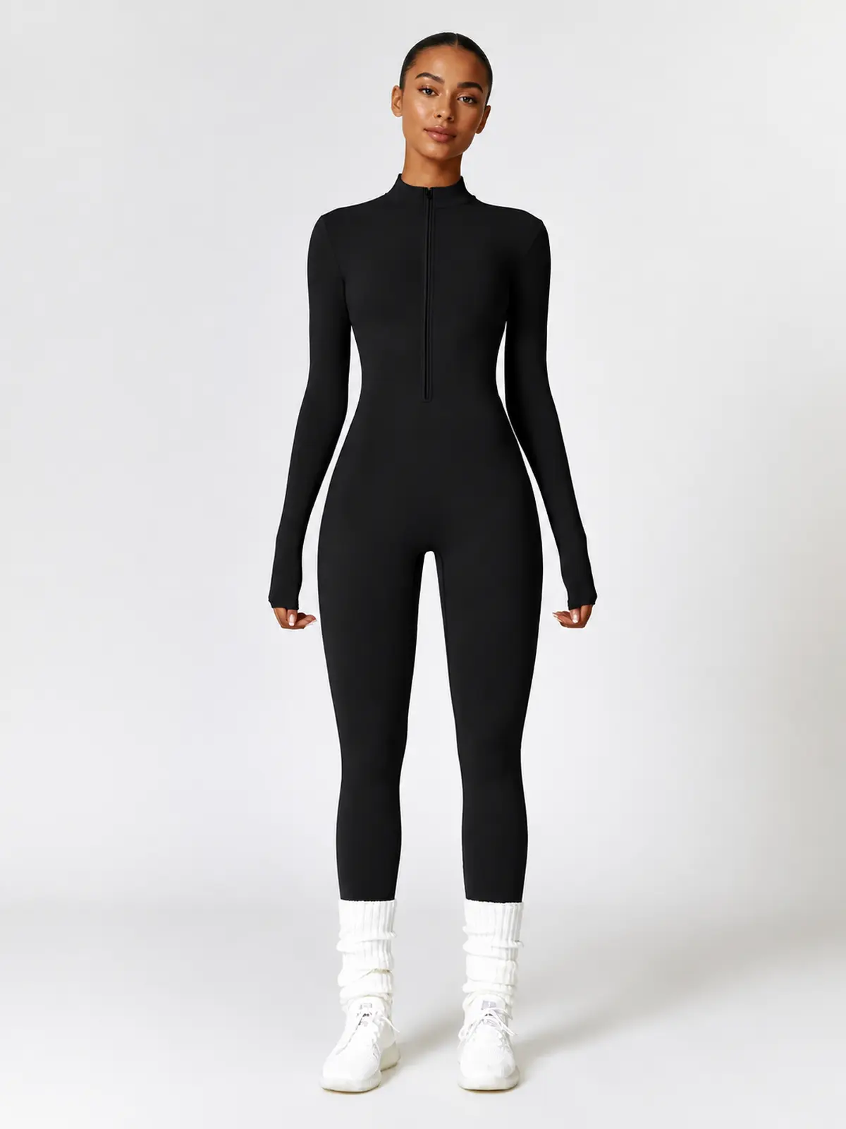Alder Poem Long-Sleeve Half-Zip Yoga Jumpsuit — black — unitard — authoritative variation image