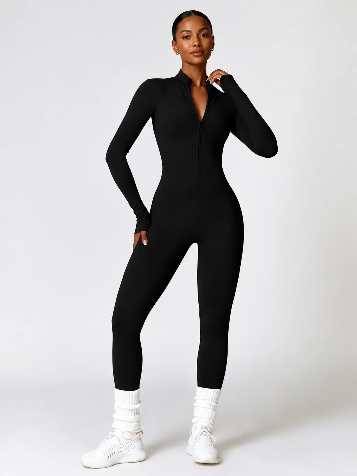 Alder Poem Long-Sleeve Half-Zip Yoga Jumpsuit — black — unitard — authoritative variation match