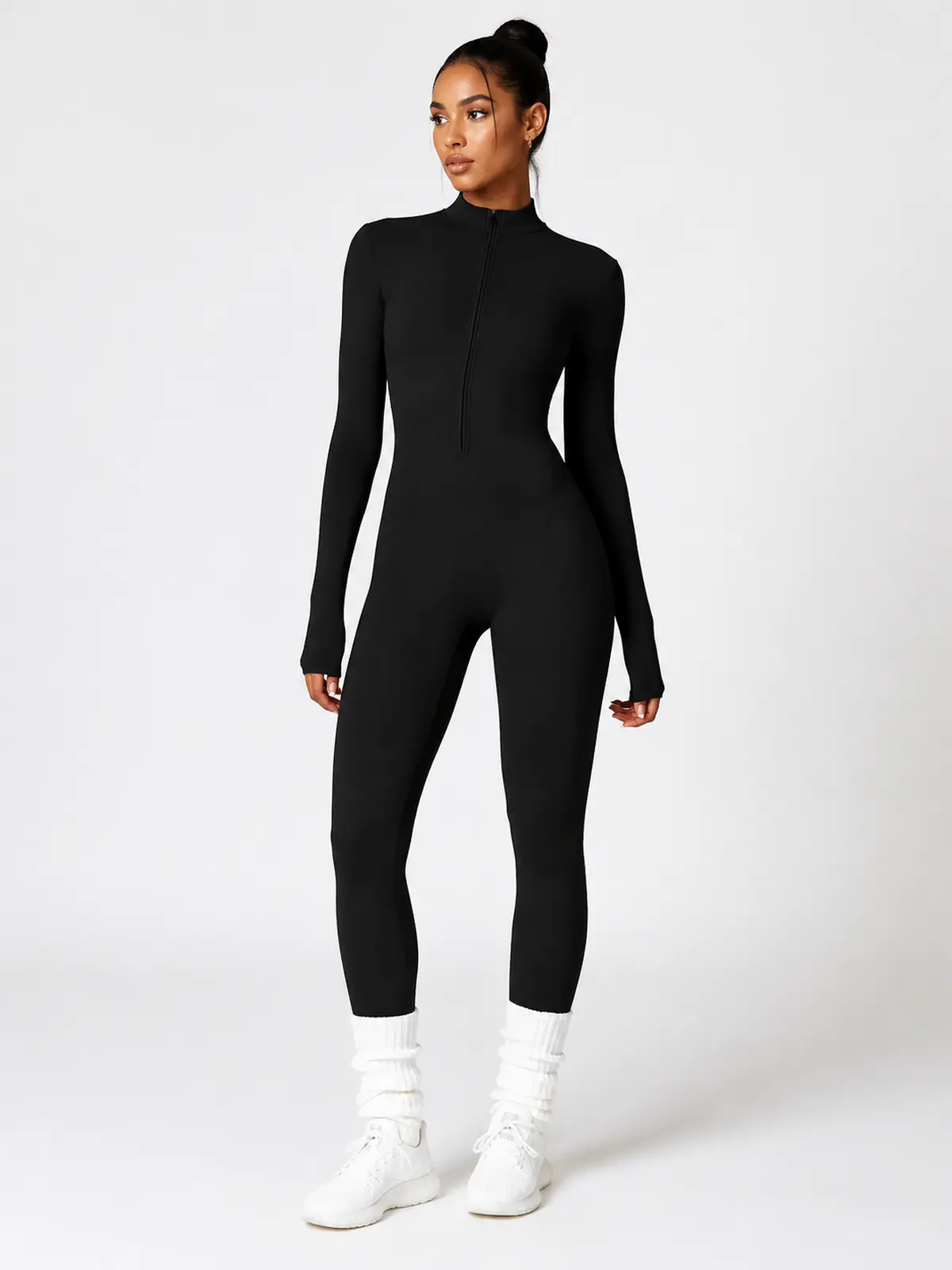 Alder Poem Long-Sleeve Half-Zip Yoga Jumpsuit — black — unitard — authoritative variation match
