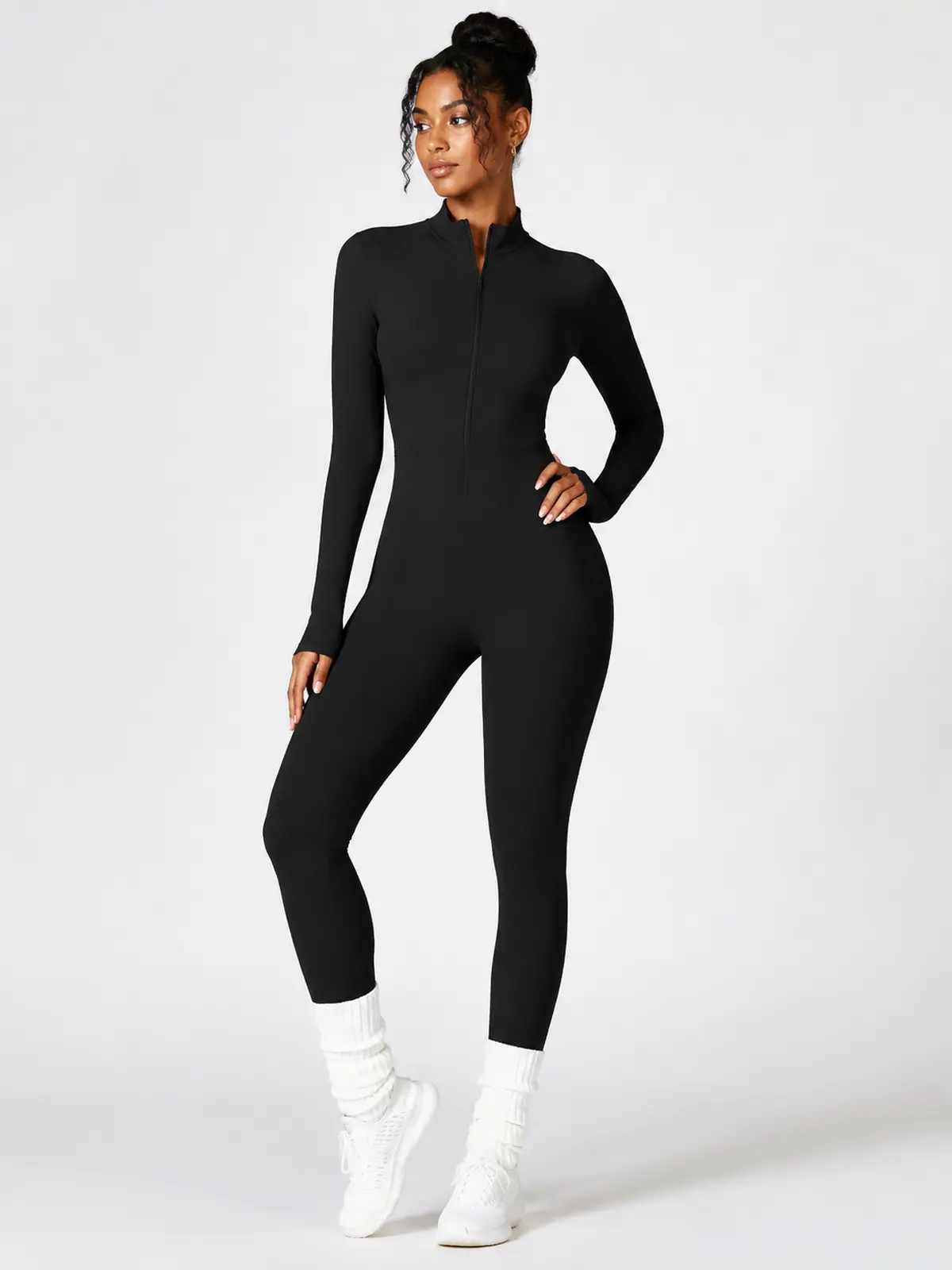 Alder Poem Long-Sleeve Half-Zip Yoga Jumpsuit — black — unitard — authoritative variation match