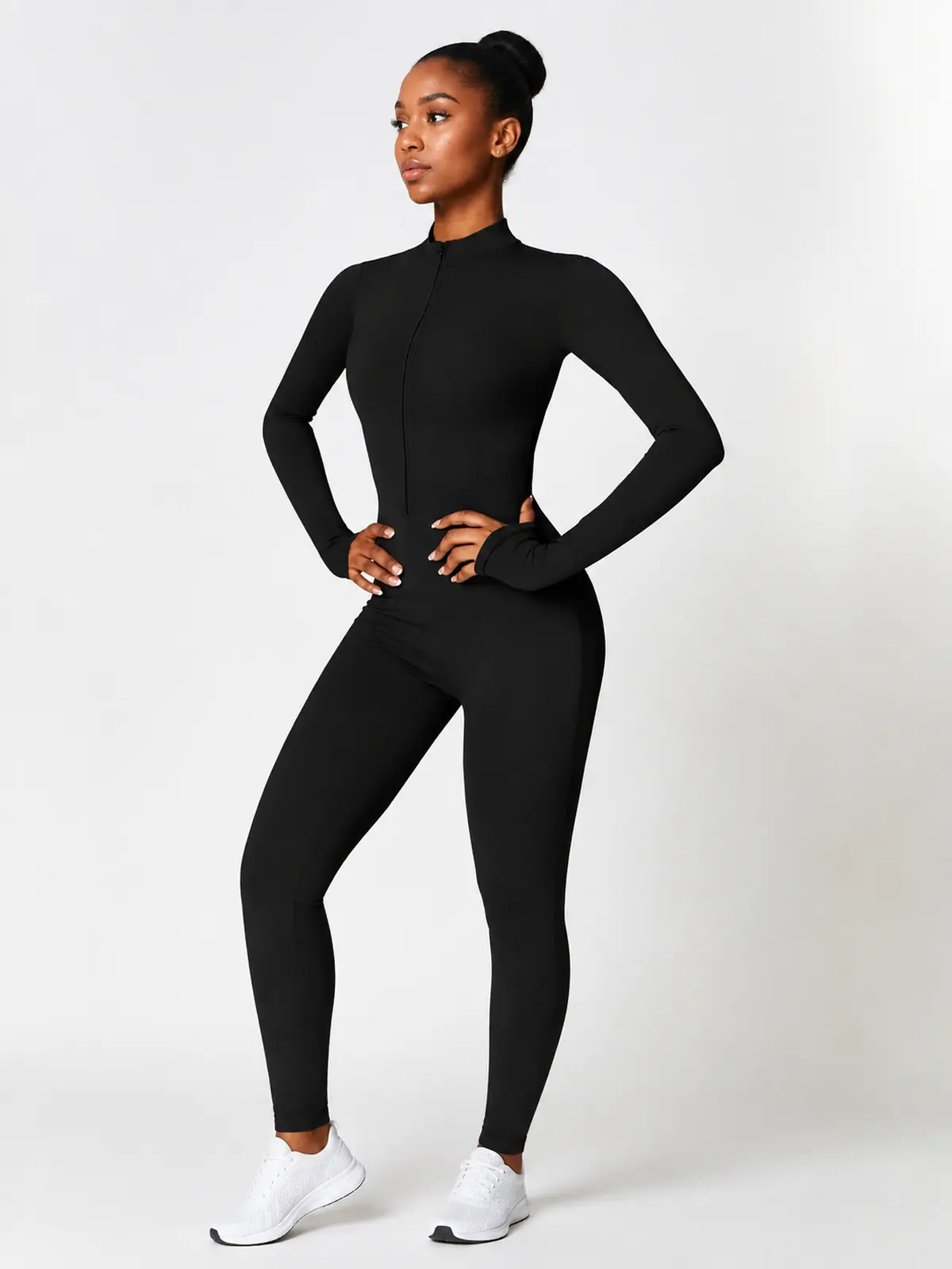 Alder Poem Long-Sleeve Half-Zip Yoga Jumpsuit — black — unitard — authoritative variation match