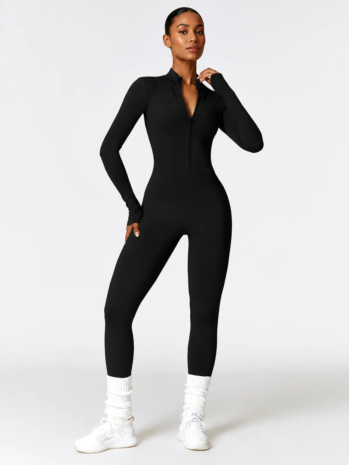 Alder Poem Long-Sleeve Half-Zip Yoga Jumpsuit — black — unitard — authoritative variation match