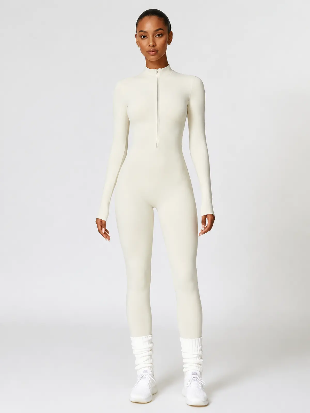 Alder Poem Long-Sleeve Half-Zip Yoga Jumpsuit — cream apricot — unitard — authoritative variation image