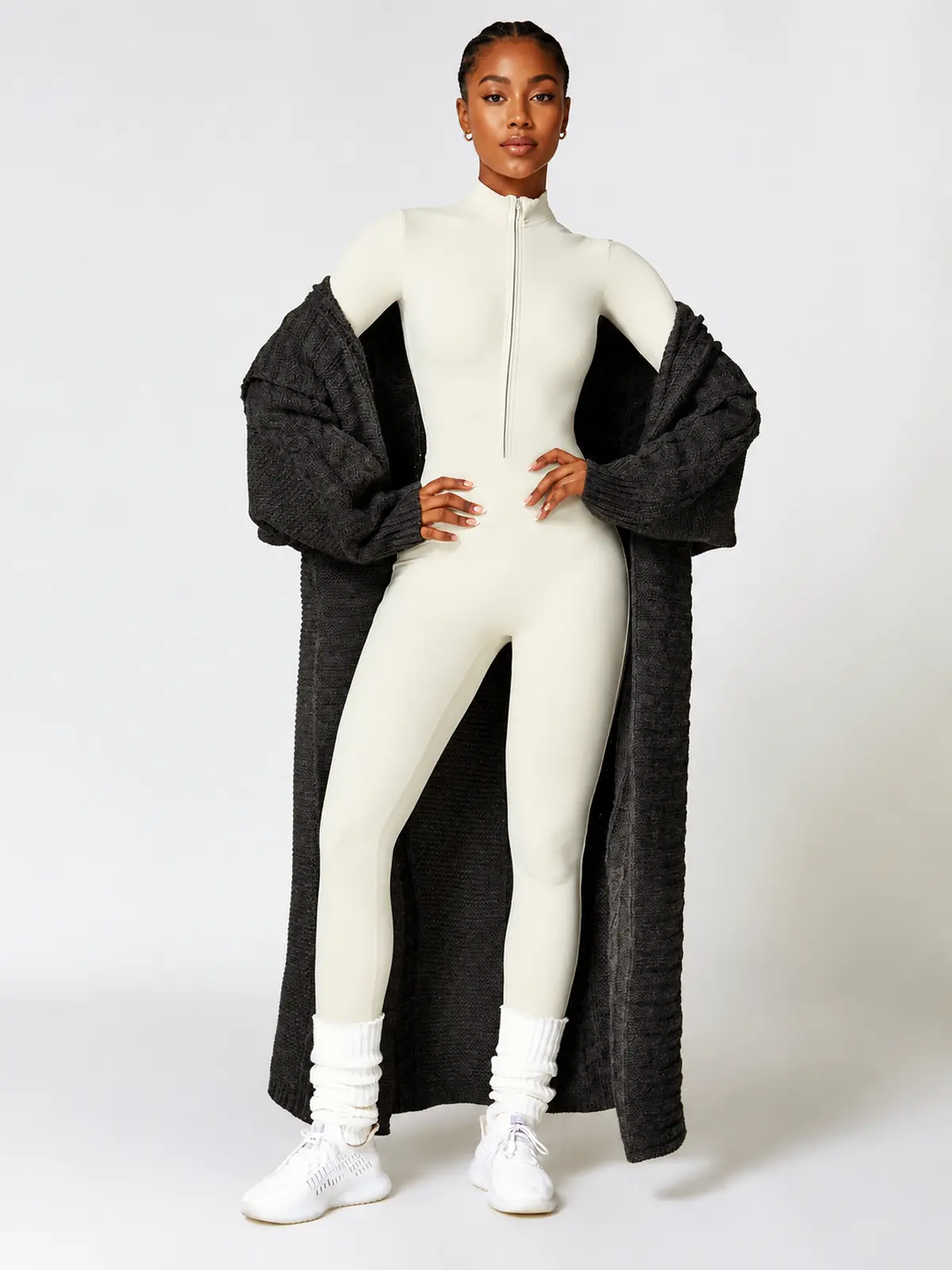 Alder Poem Long-Sleeve Half-Zip Yoga Jumpsuit — cream apricot — unitard — authoritative variation match