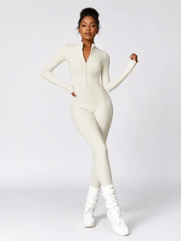 Alder Poem Long-Sleeve Half-Zip Yoga Jumpsuit — cream apricot — unitard — authoritative variation match