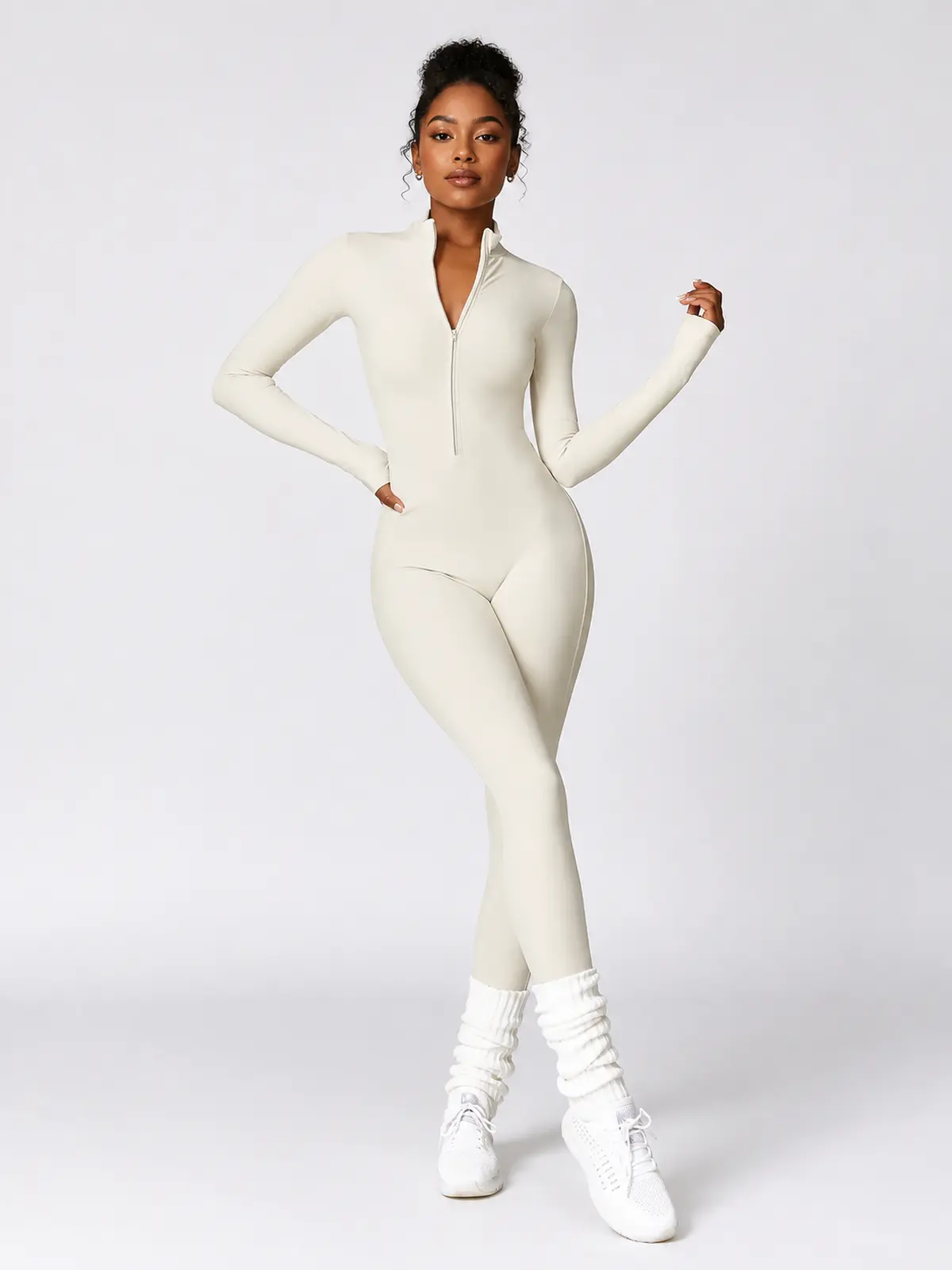 Alder Poem Long-Sleeve Half-Zip Yoga Jumpsuit — cream apricot — unitard — authoritative variation match