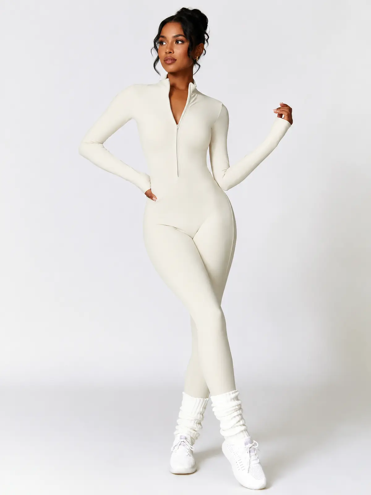 Alder Poem Long-Sleeve Half-Zip Yoga Jumpsuit — cream apricot — unitard — authoritative variation match