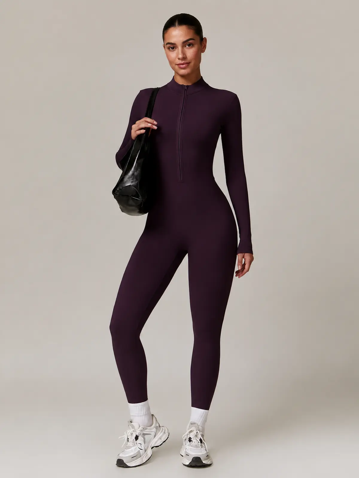 Alder Poem Long-Sleeve Half-Zip Yoga Jumpsuit — dark grape purple — authoritative variation match