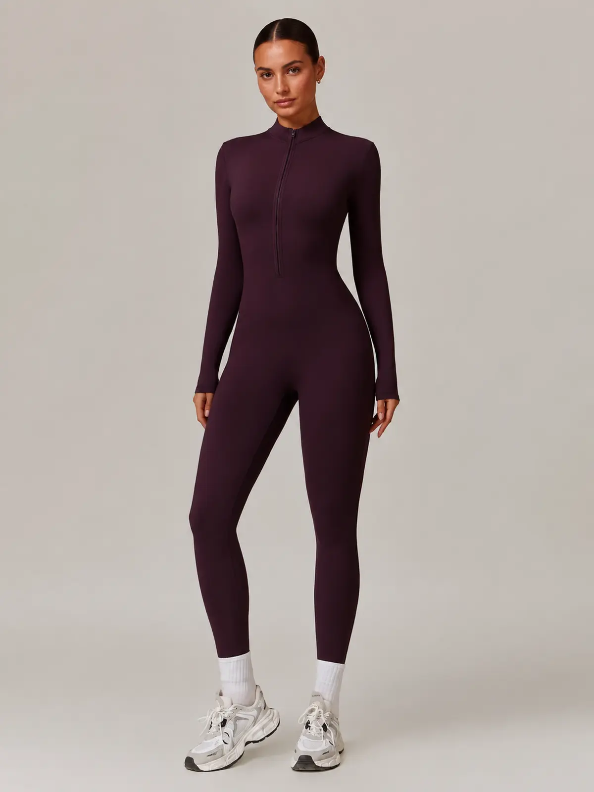 Alder Poem Long-Sleeve Half-Zip Yoga Jumpsuit — dark grape purple — unitard — authoritative variation image