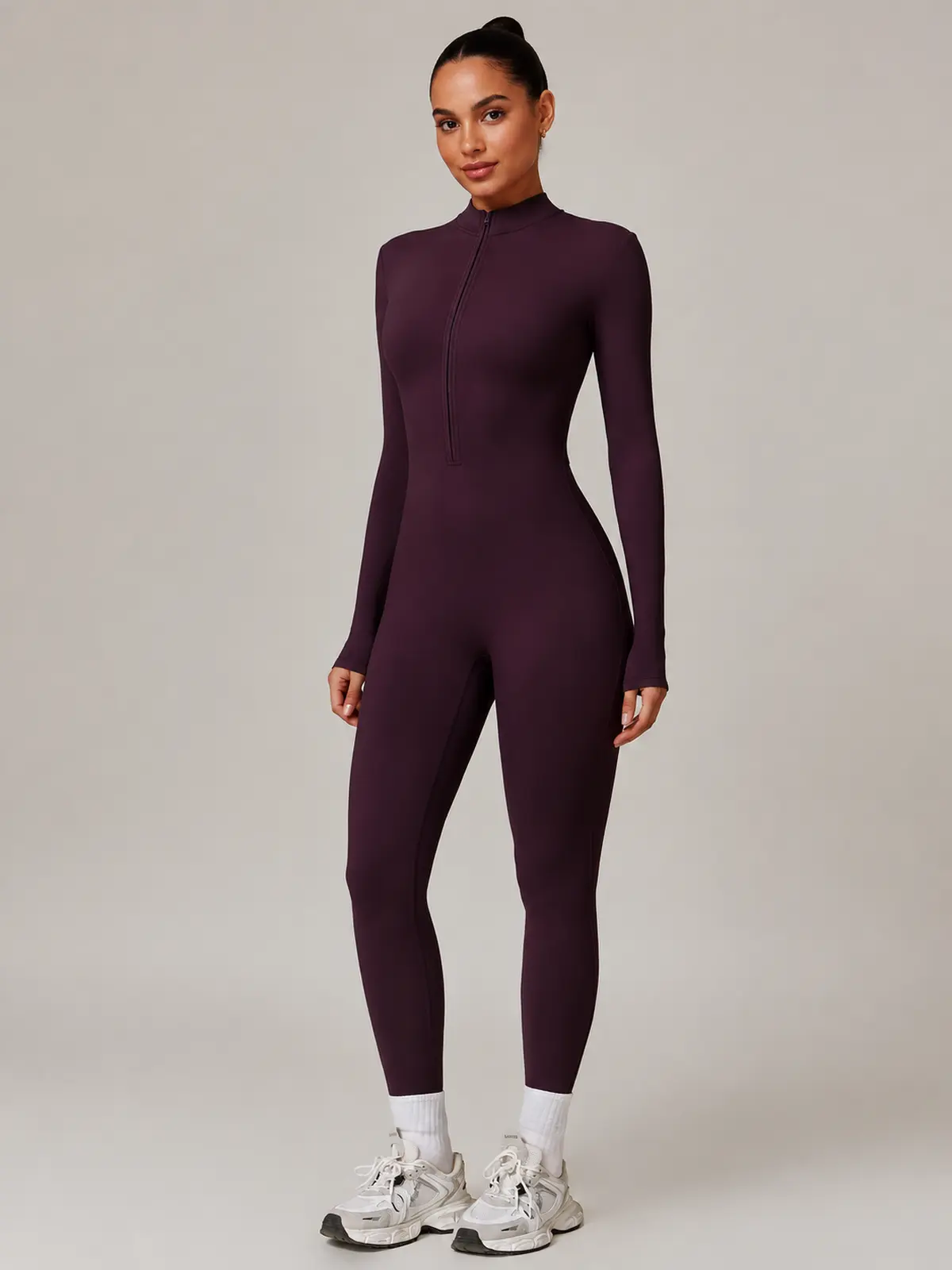 Alder Poem Long-Sleeve Half-Zip Yoga Jumpsuit — dark grape purple — unitard — authoritative variation match