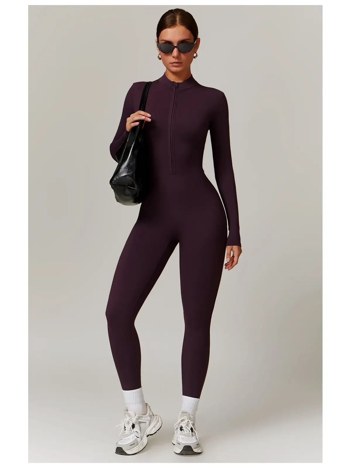 Alder Poem Long-Sleeve Half-Zip Yoga Jumpsuit — dark grape purple — unitard — authoritative variation match