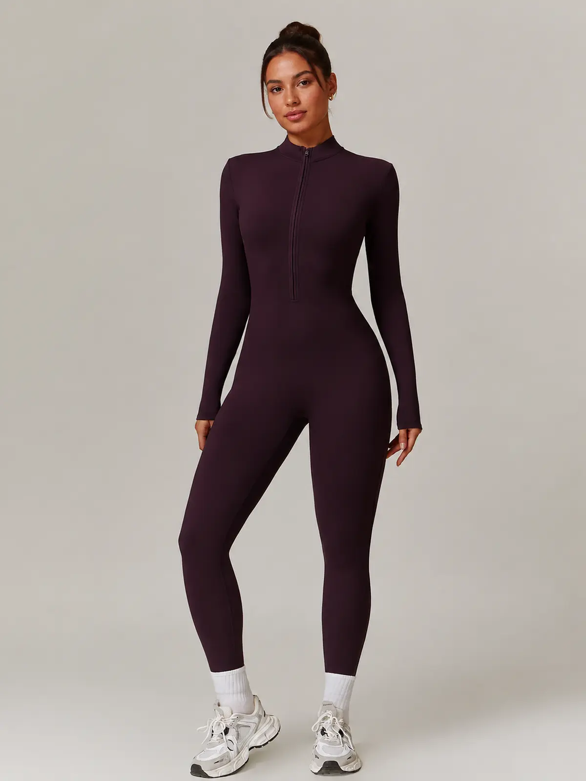 Alder Poem Long-Sleeve Half-Zip Yoga Jumpsuit — dark grape purple — unitard — authoritative variation match