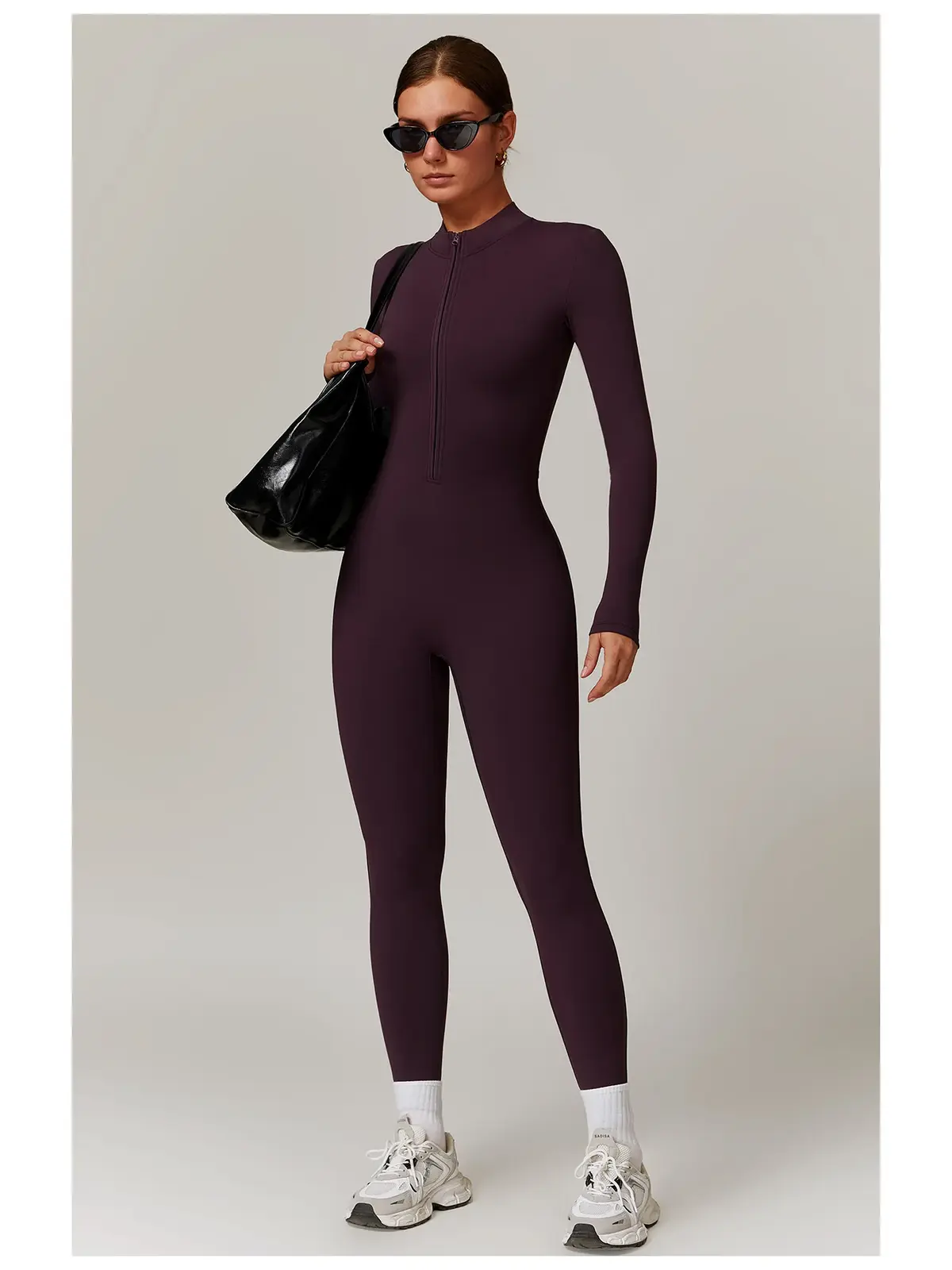 Alder Poem Long-Sleeve Half-Zip Yoga Jumpsuit — dark grape purple — unitard — authoritative variation match