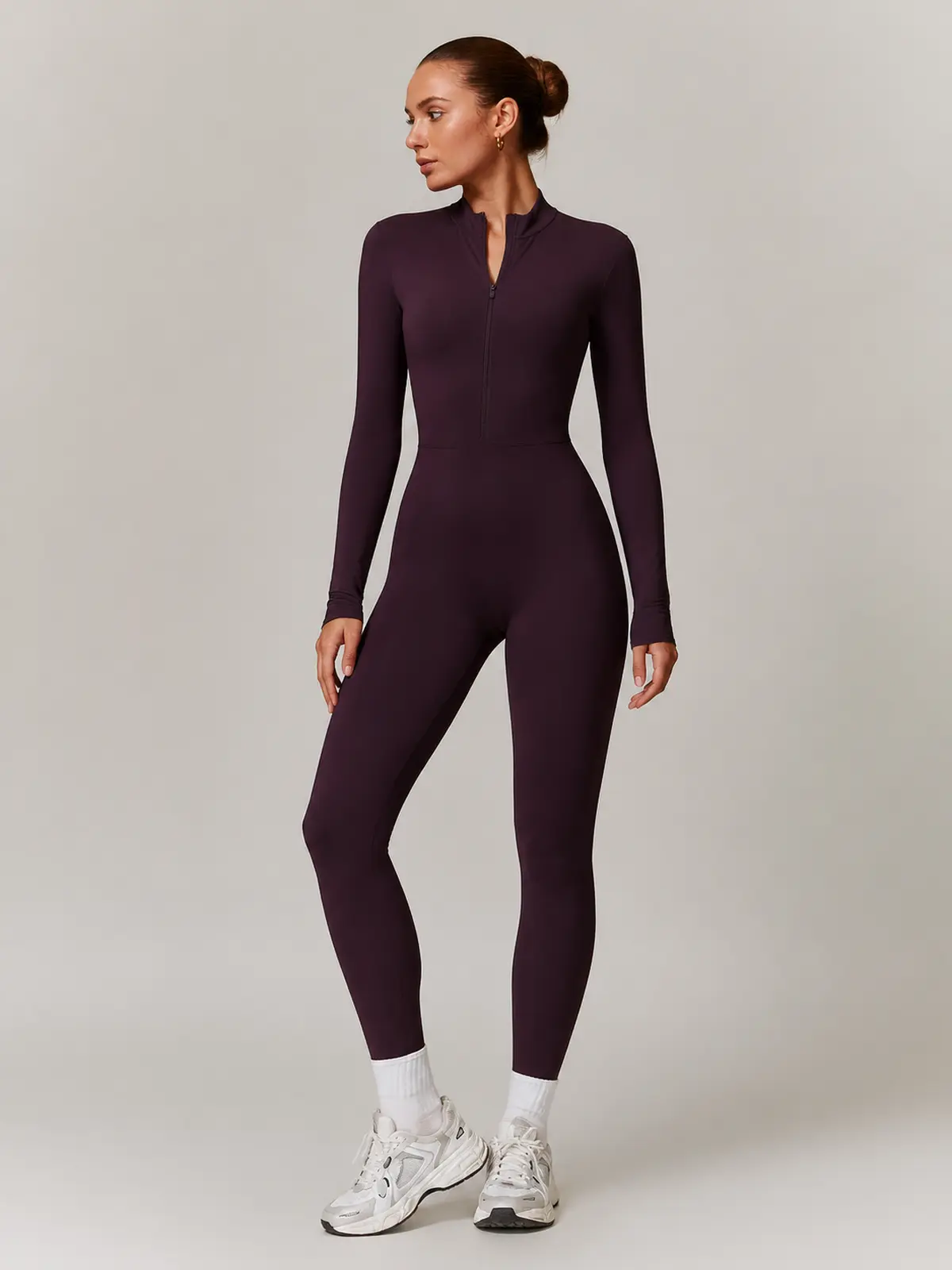 Alder Poem Long-Sleeve Half-Zip Yoga Jumpsuit — dark grape purple — unitard — authoritative variation match