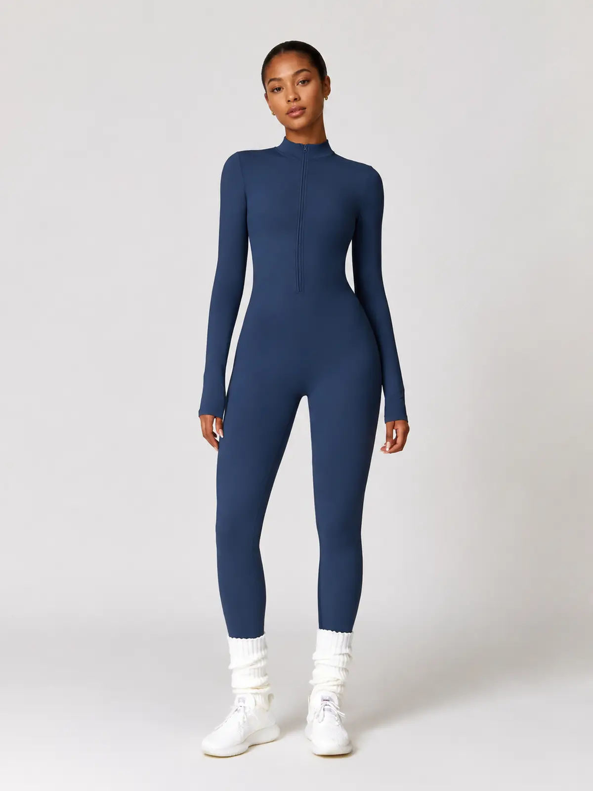 Alder Poem Long-Sleeve Half-Zip Yoga Jumpsuit — dark navy blue — unitard — authoritative variation image