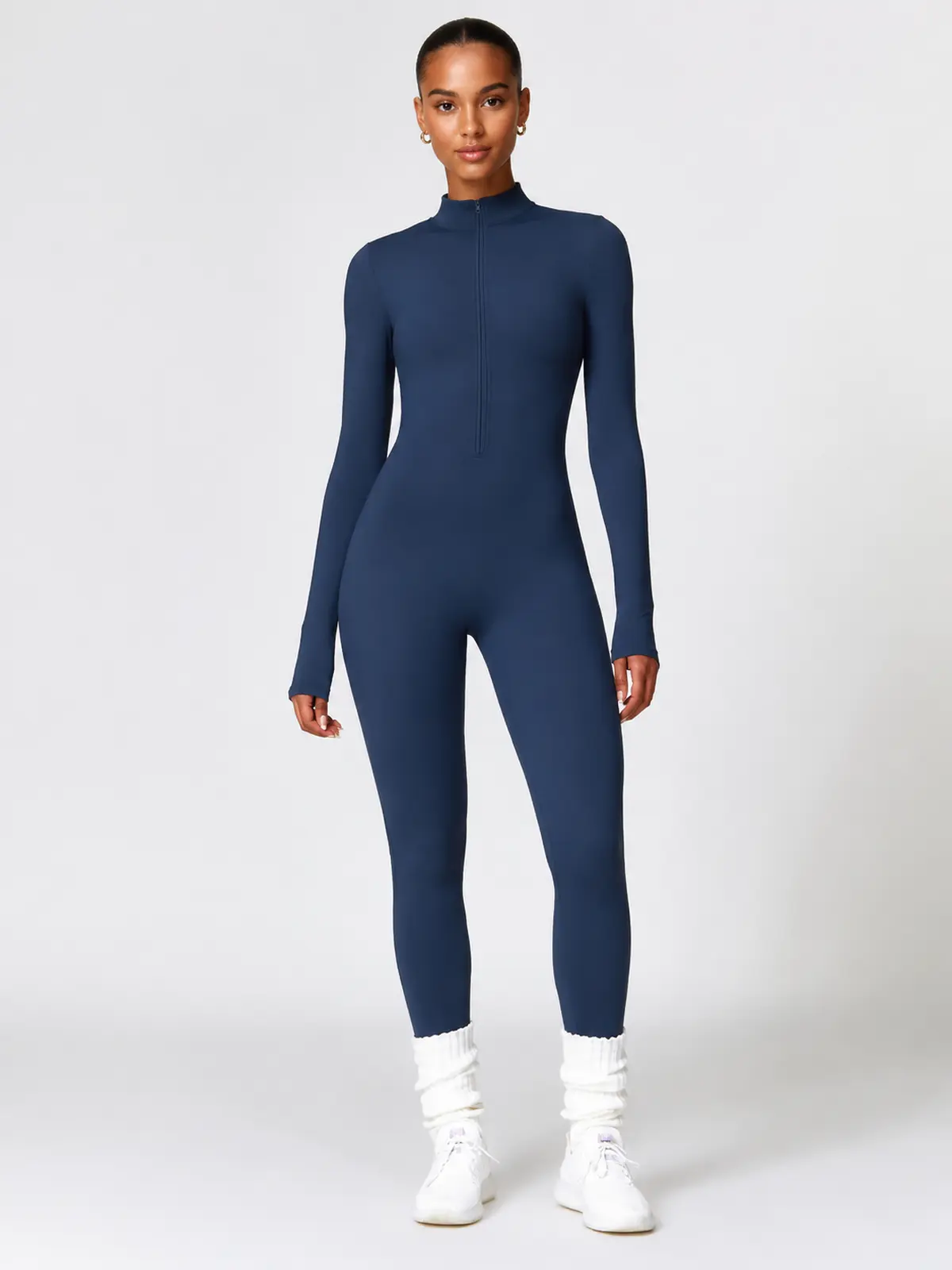 Alder Poem Long-Sleeve Half-Zip Yoga Jumpsuit — dark navy blue — unitard — authoritative variation match
