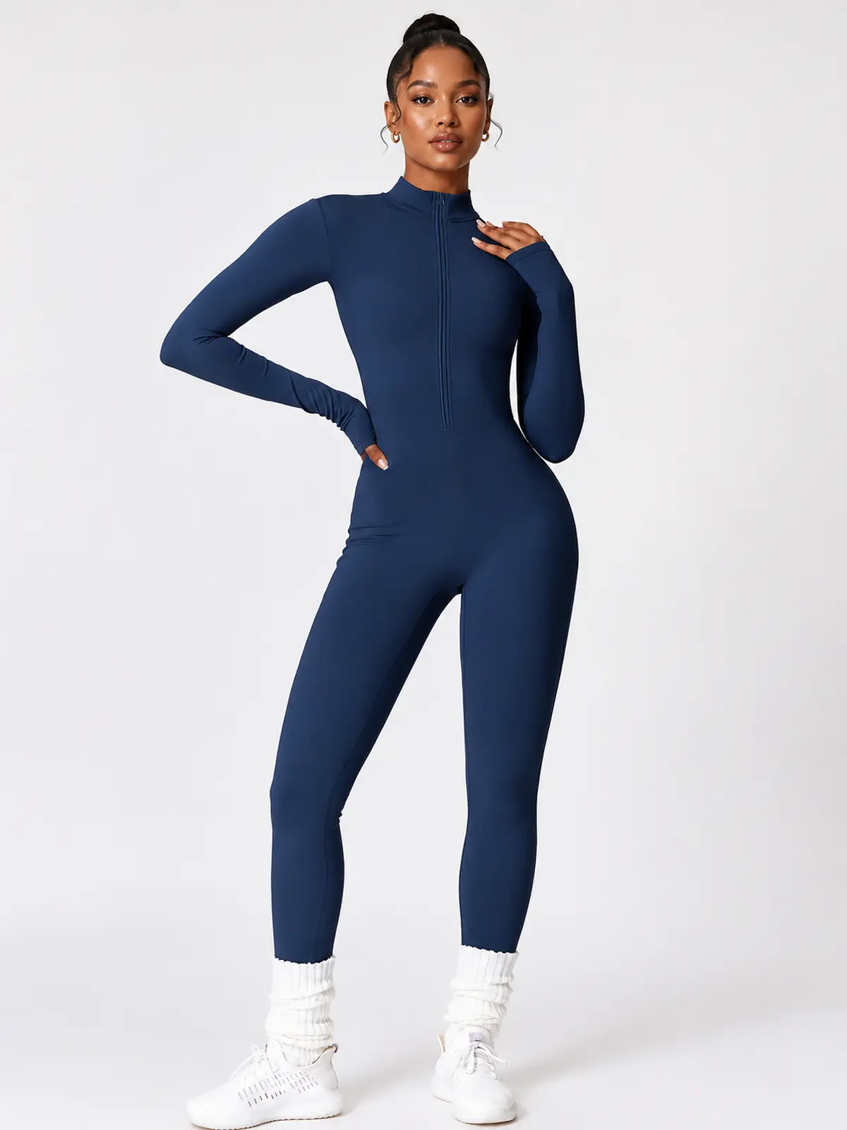 Alder Poem Long-Sleeve Half-Zip Yoga Jumpsuit — dark navy blue — unitard — authoritative variation match