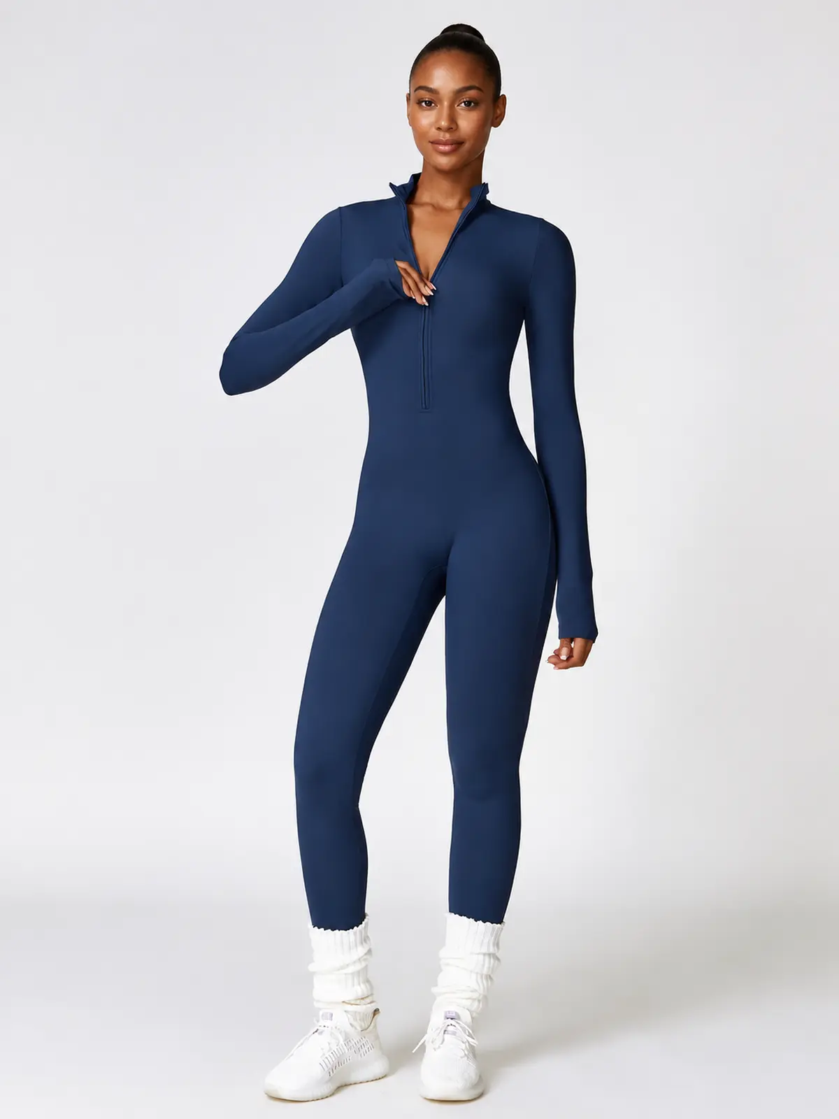 Alder Poem Long-Sleeve Half-Zip Yoga Jumpsuit — dark navy blue — unitard — authoritative variation match