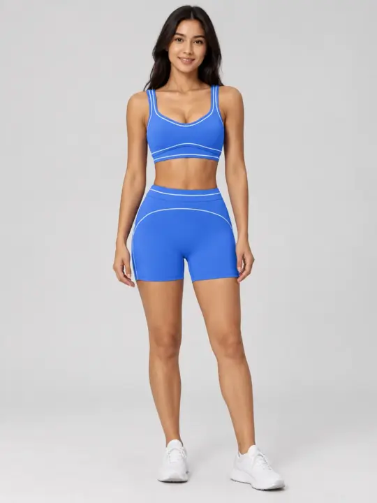 Apricot Verse Sports Bra and Shorts Set — bright blue with white contrast piping — general — authoritative variation image
