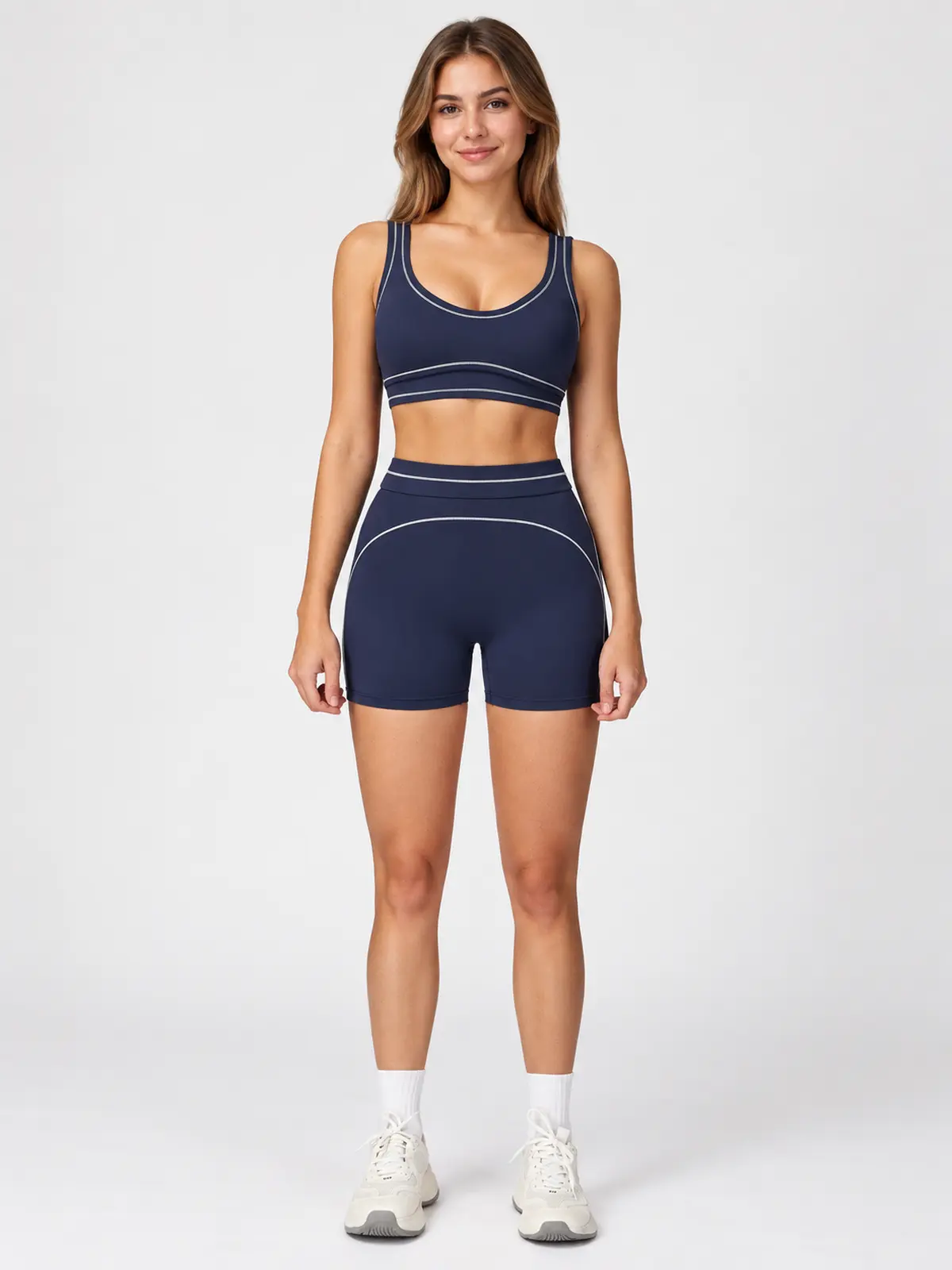 Apricot Verse Sports Bra and Shorts Set — navy blue with white contrast piping — general — authoritative variation image