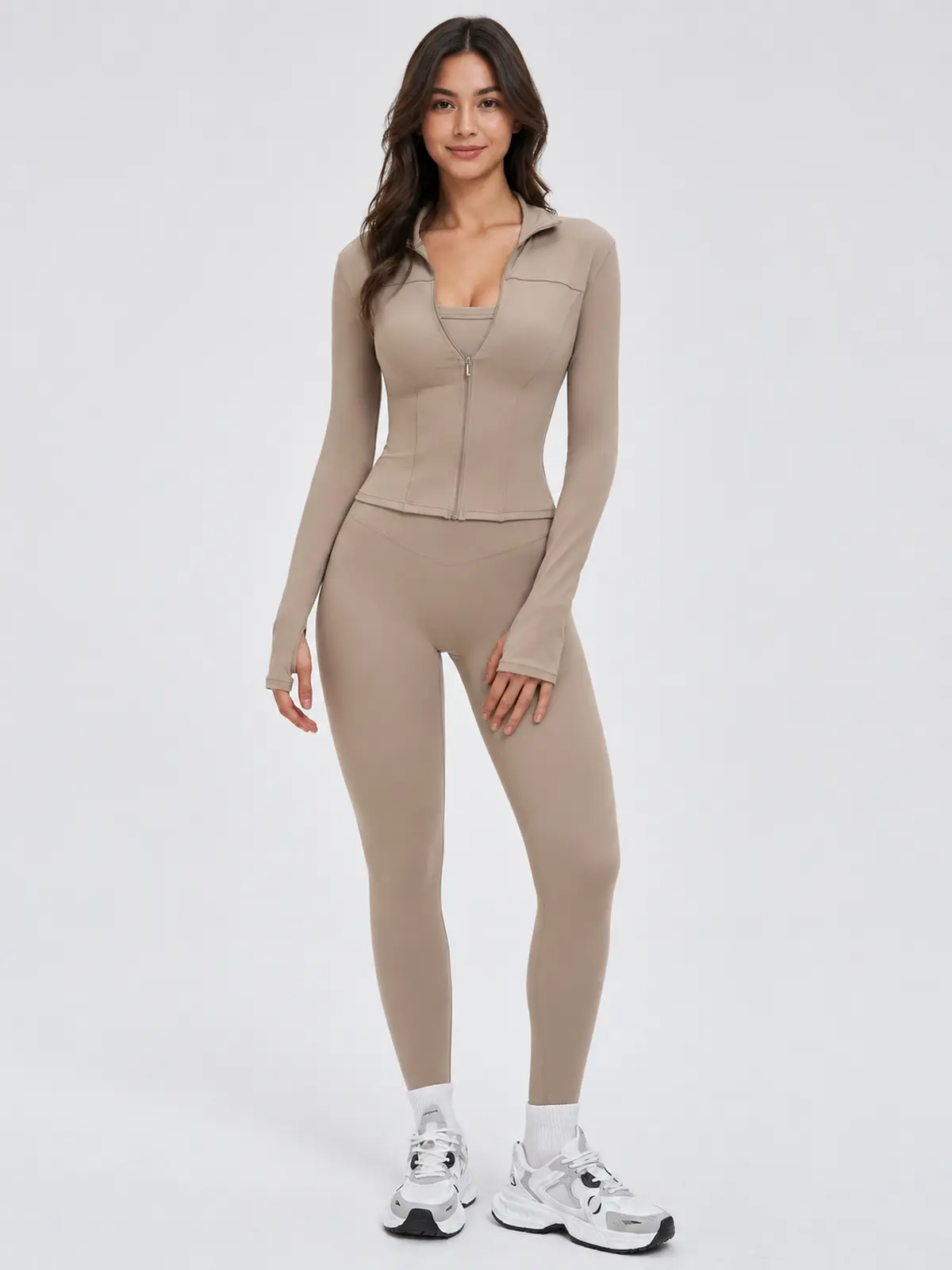 Bracken Line Zip-Front Jacket and High-Waisted Leggings Set — camel brown — general — authoritative variation image