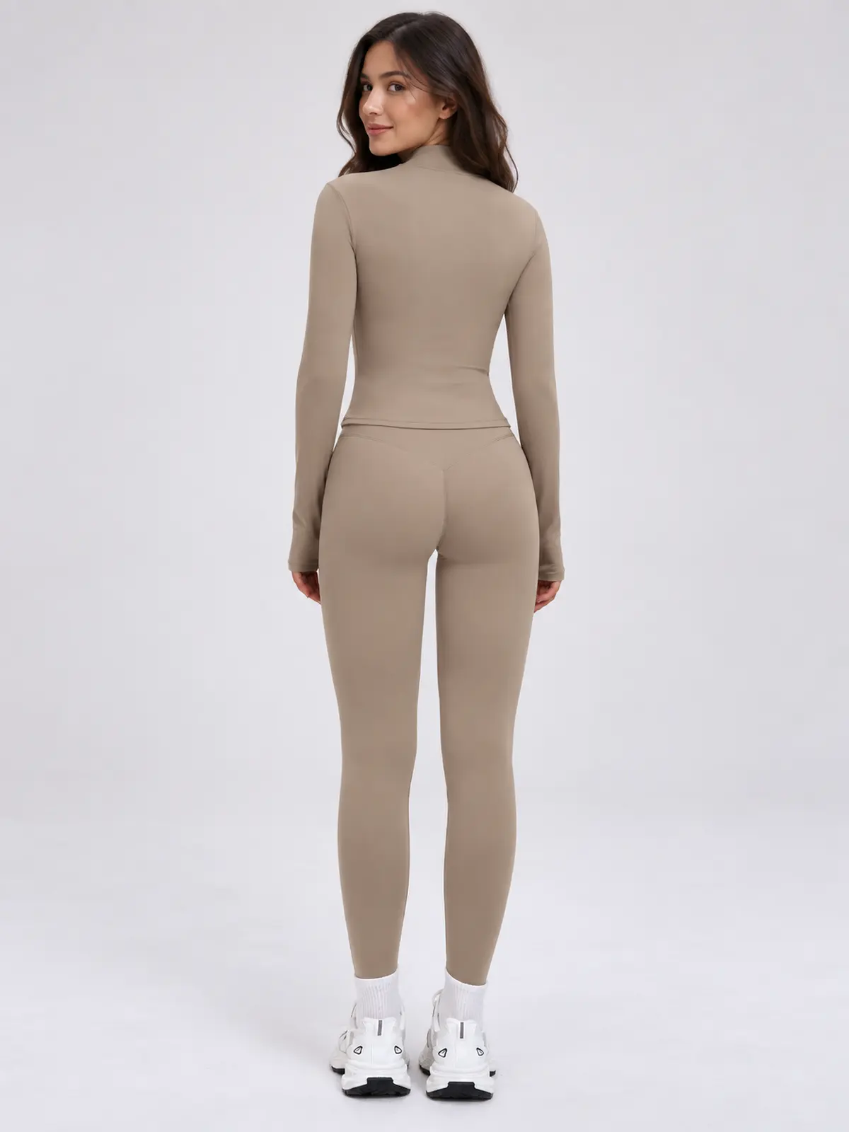 Bracken Line Zip-Front Jacket and High-Waisted Leggings Set — camel brown — general — authoritative variation match