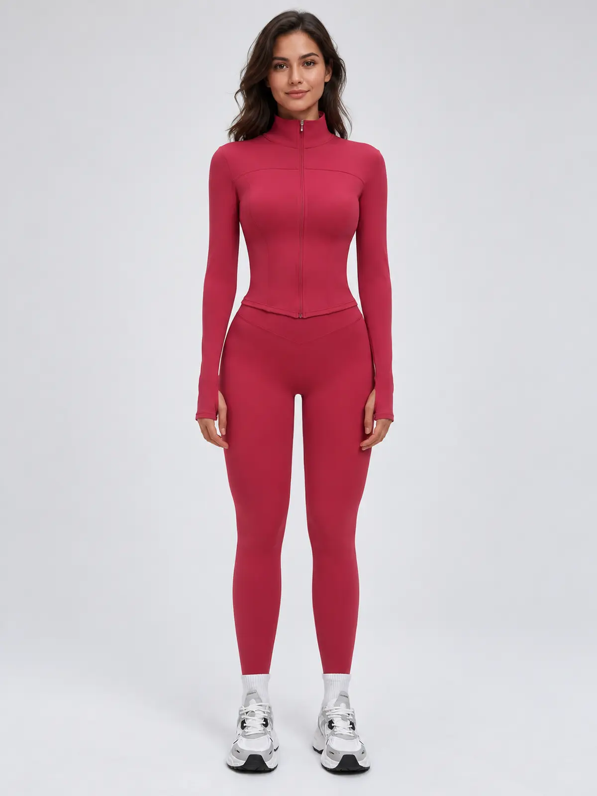 Bracken Line Zip-Front Jacket and High-Waisted Leggings Set — cherry red — general — authoritative variation image