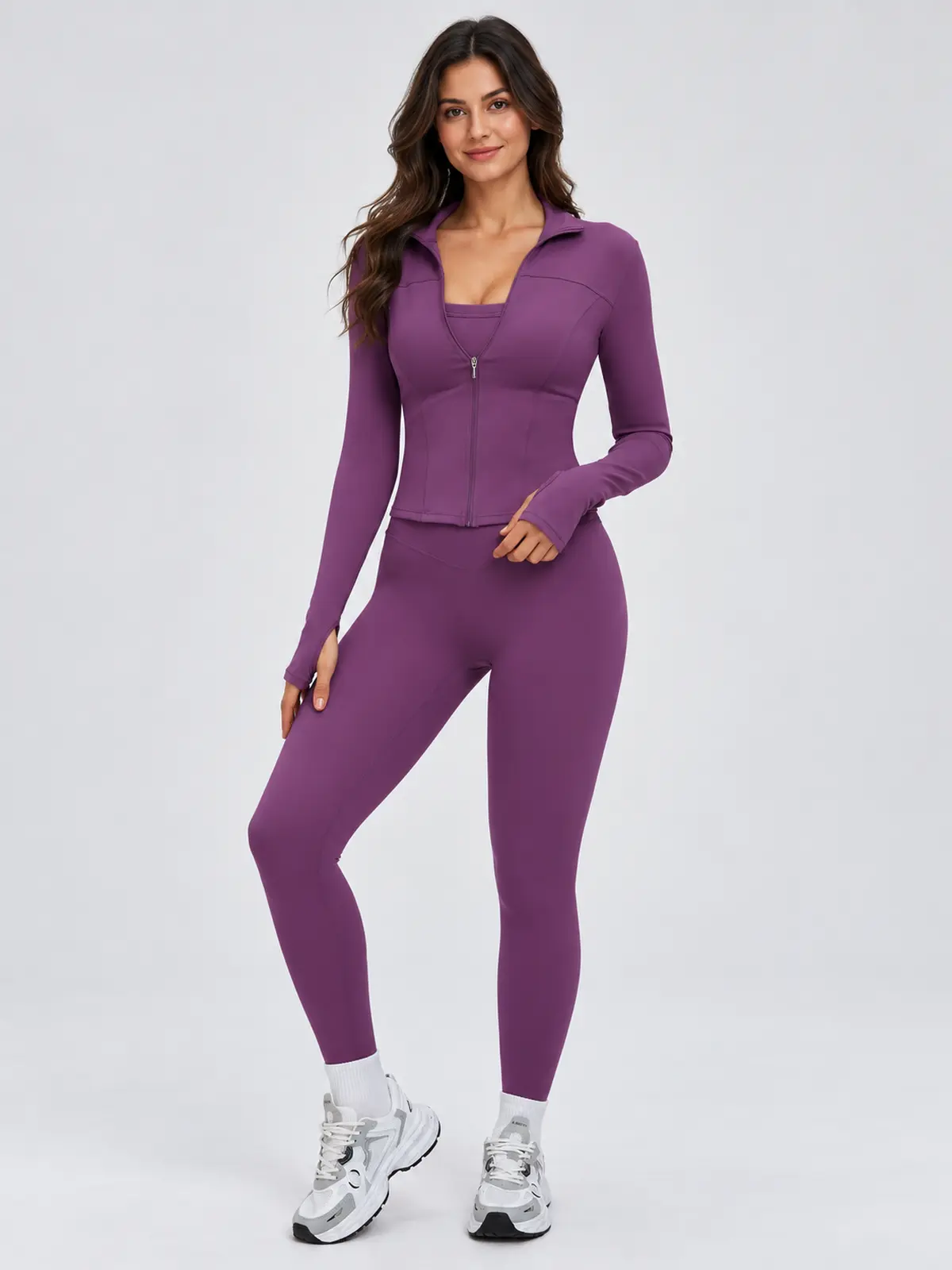 Bracken Line Zip-Front Jacket and High-Waisted Leggings Set — purple — general — authoritative variation match