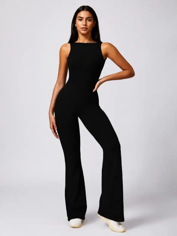 Caldera Note Sleeveless Flared-Leg Yoga Jumpsuit — black — authoritative variation match