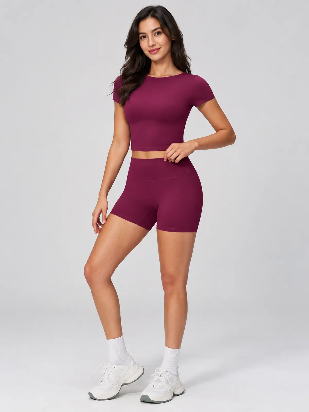 Calyx Studio Short-Sleeve Crop Top and Bike Shorts Set — dark burgundy purple — general — authoritative variation match