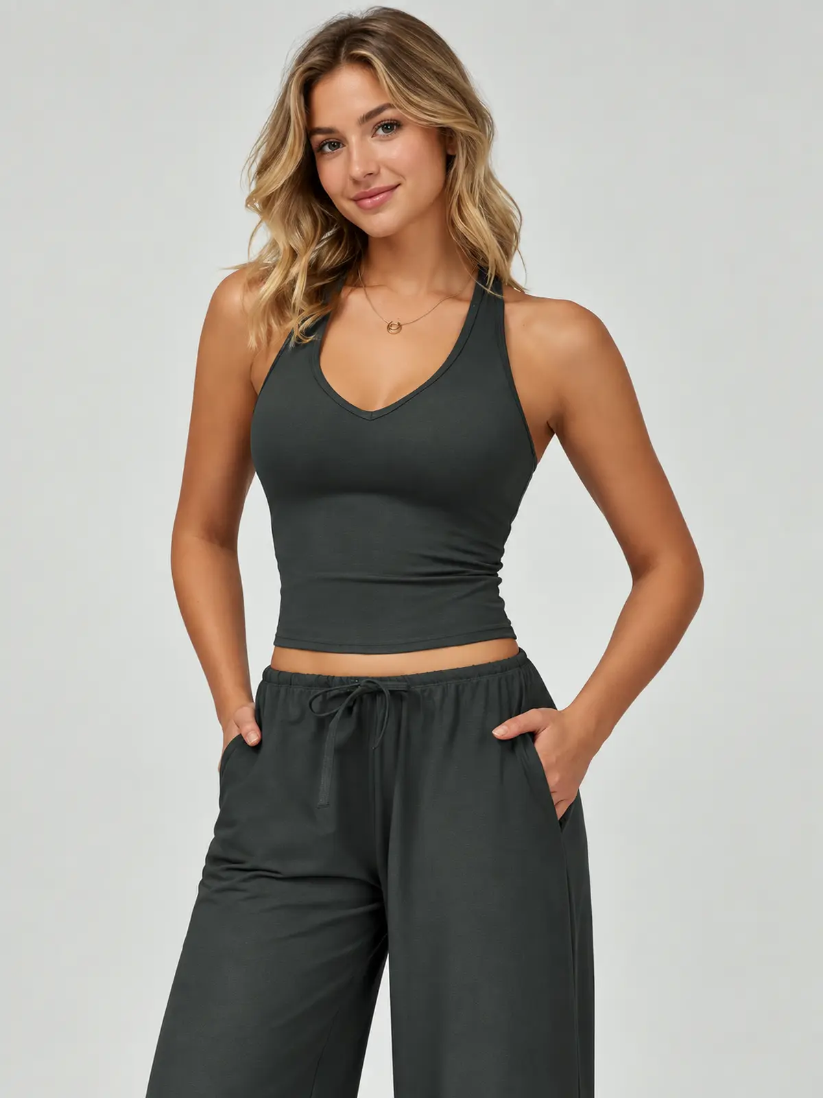 Canyon Veil Halter Crop Top — dark charcoal gray — general — authoritative variation match