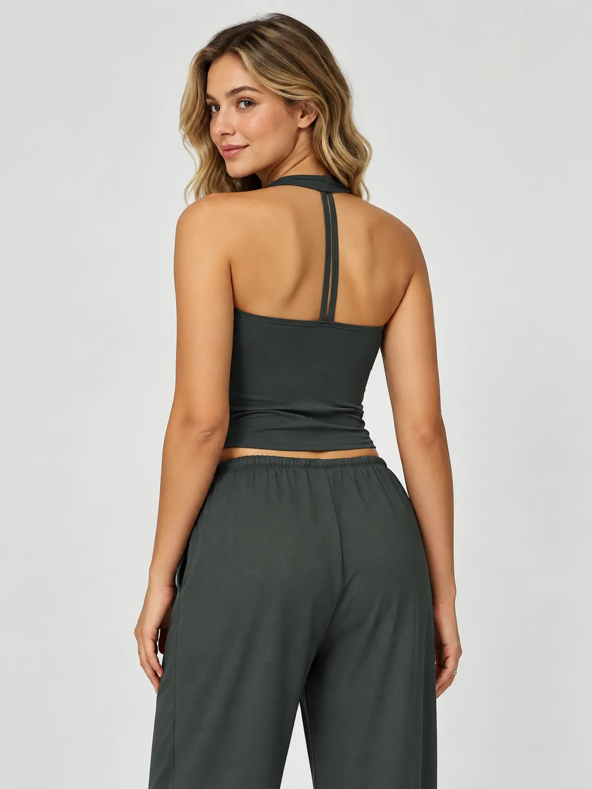 Canyon Veil Halter Crop Top — dark charcoal gray — general — authoritative variation match