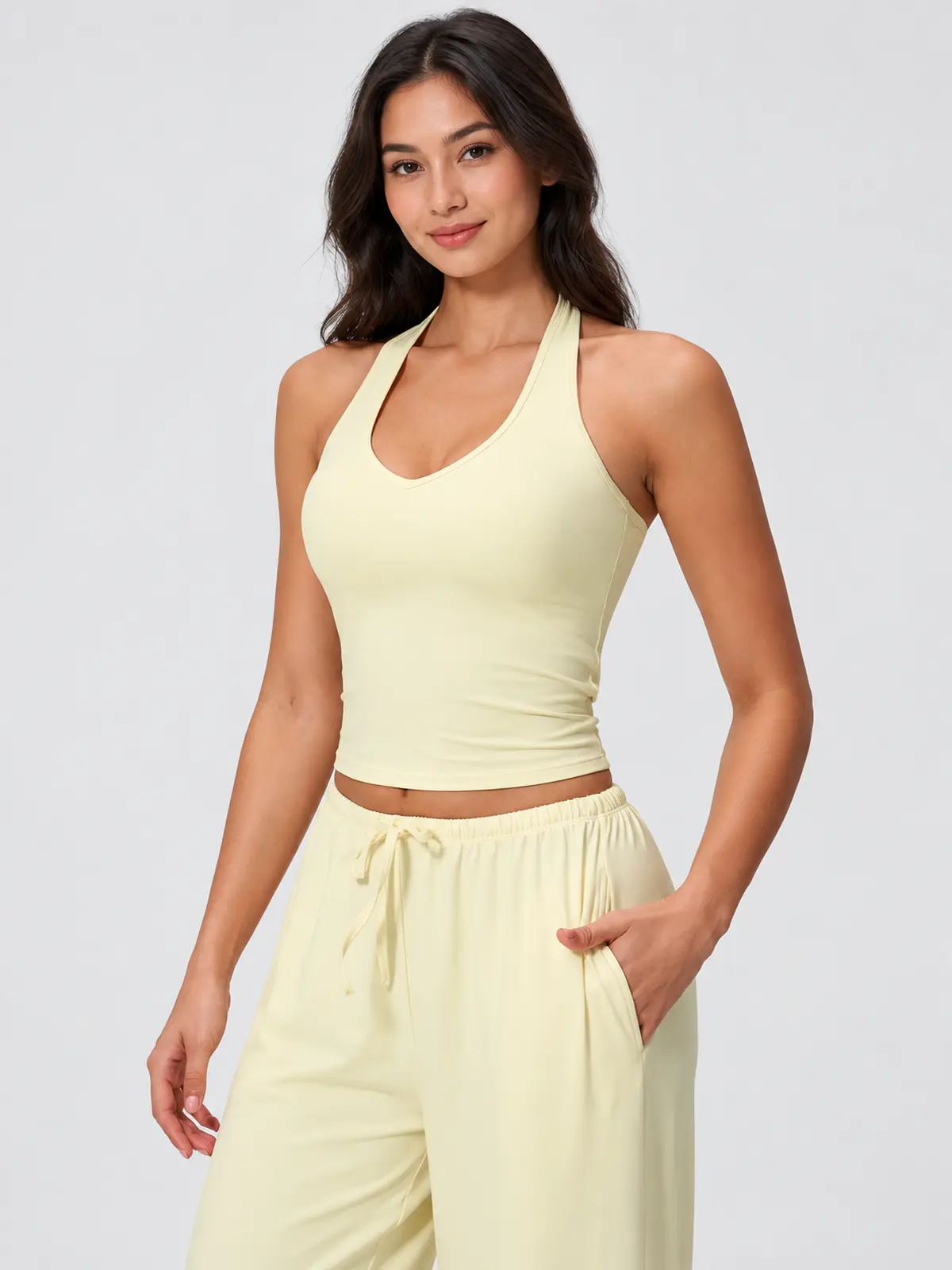 Canyon Veil Halter Crop Top — pale creamy yellow — general — authoritative variation match