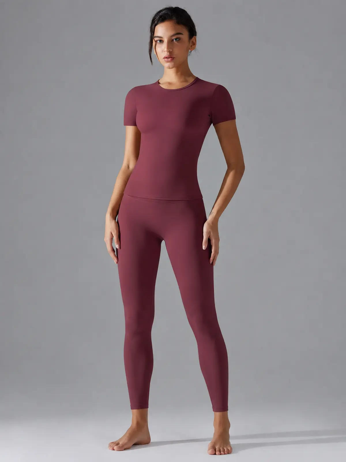 Cedar Current Short-Sleeve Crew-Neck Yoga T-Shirt — burgundy — authoritative variation image