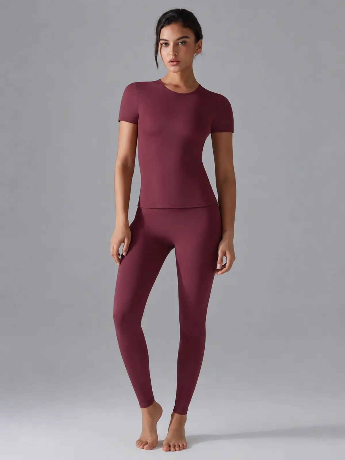 Cedar Current Short-Sleeve Crew-Neck Yoga T-Shirt — burgundy — authoritative variation match