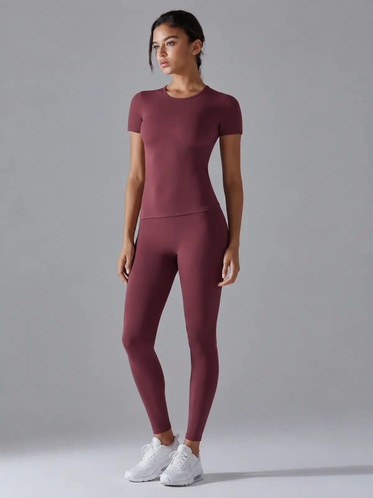 Cedar Current Short-Sleeve Crew-Neck Yoga T-Shirt — burgundy — authoritative variation match