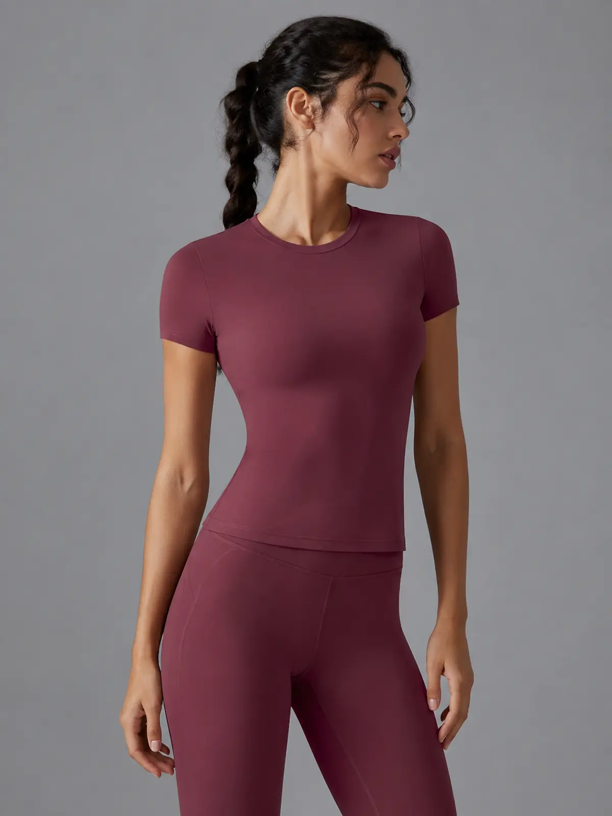 Cedar Current Short-Sleeve Crew-Neck Yoga T-Shirt — burgundy — authoritative variation match