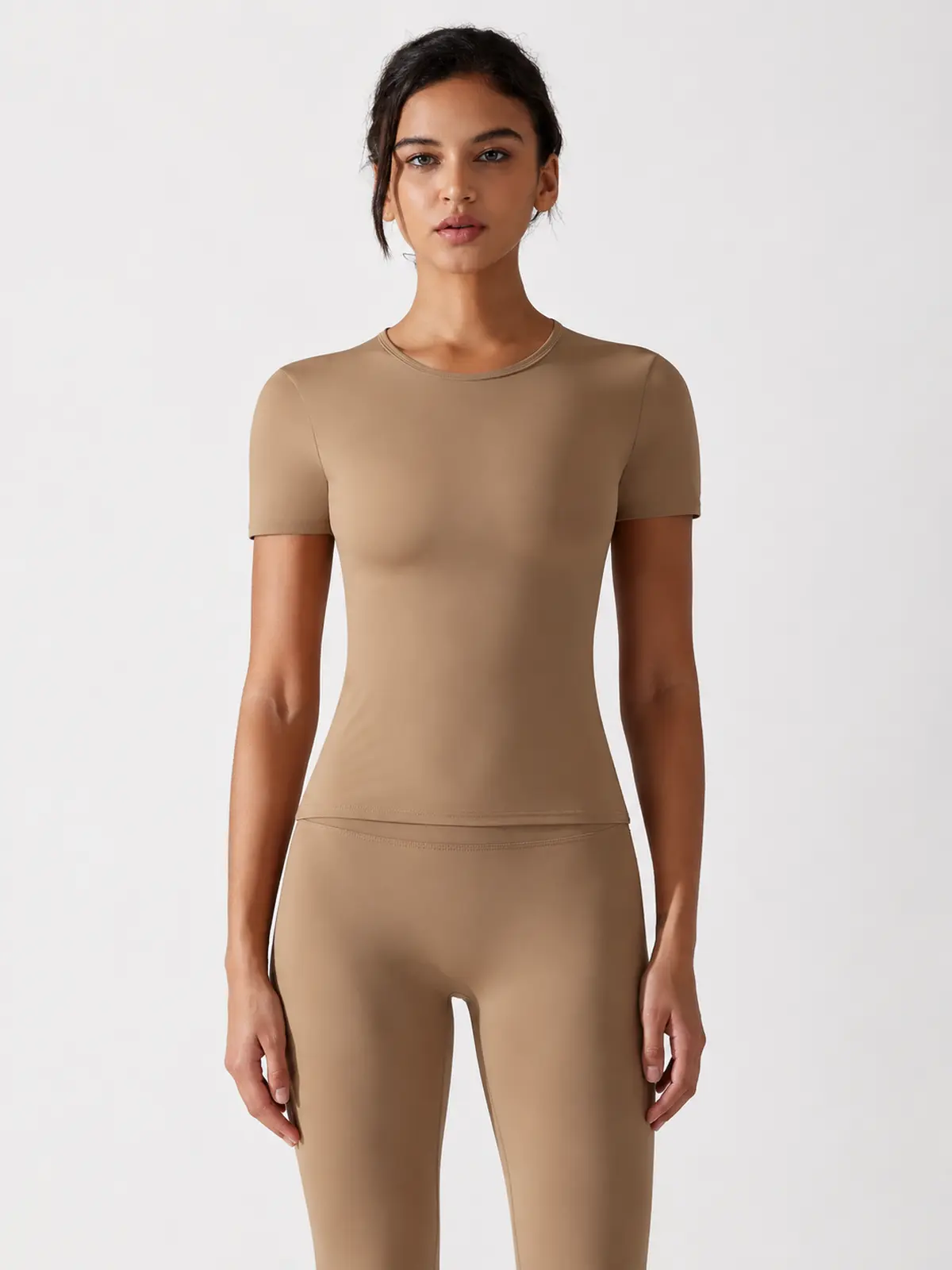 Cedar Current Short-Sleeve Crew-Neck Yoga T-Shirt — cocoa brown — authoritative variation match