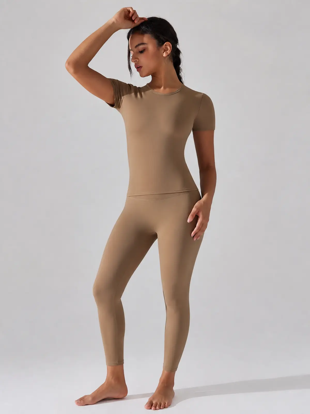 Cedar Current Short-Sleeve Crew-Neck Yoga T-Shirt — cocoa brown — authoritative variation match