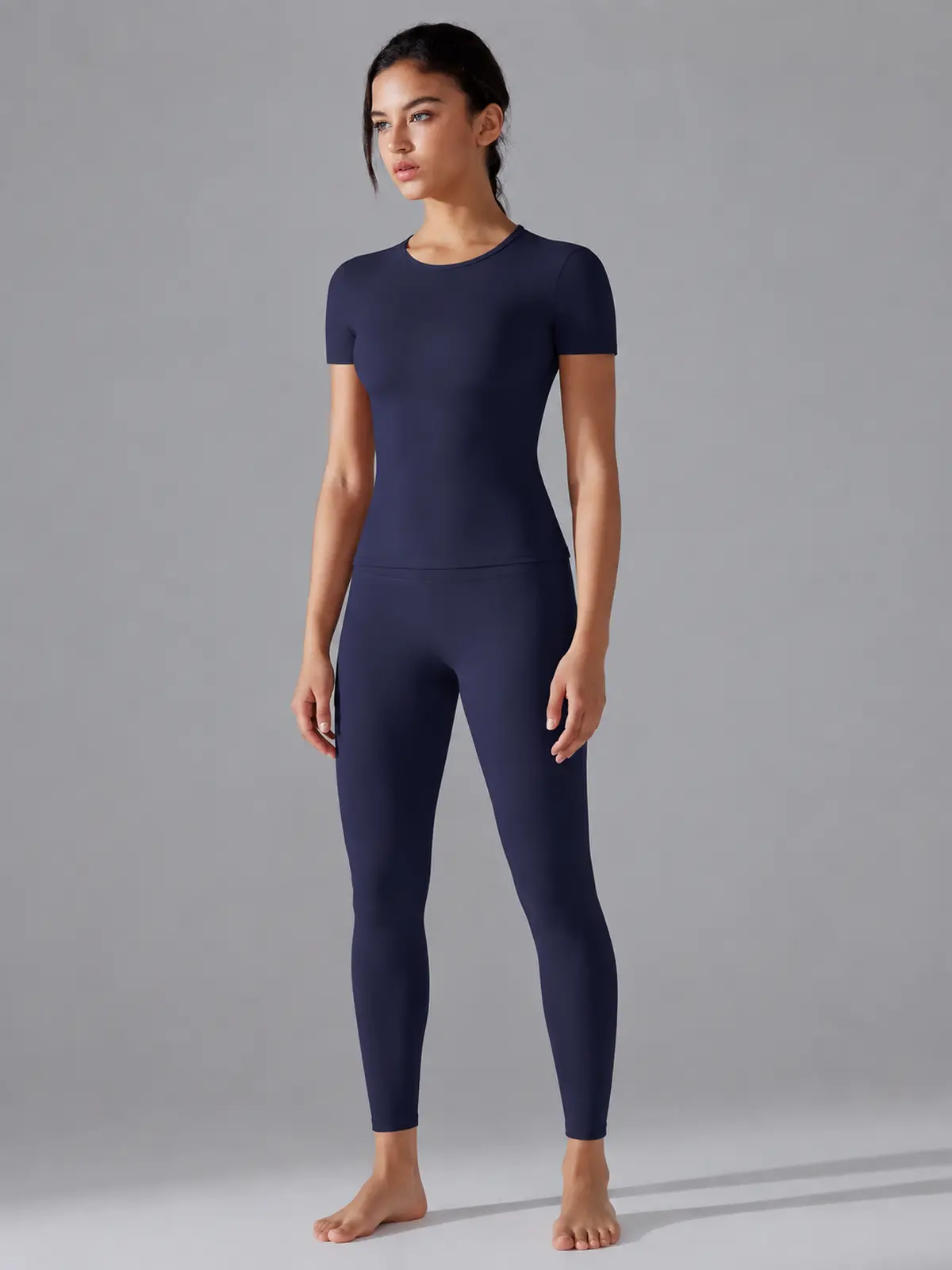 Cedar Current Short-Sleeve Crew-Neck Yoga T-Shirt — navy blue — authoritative variation match