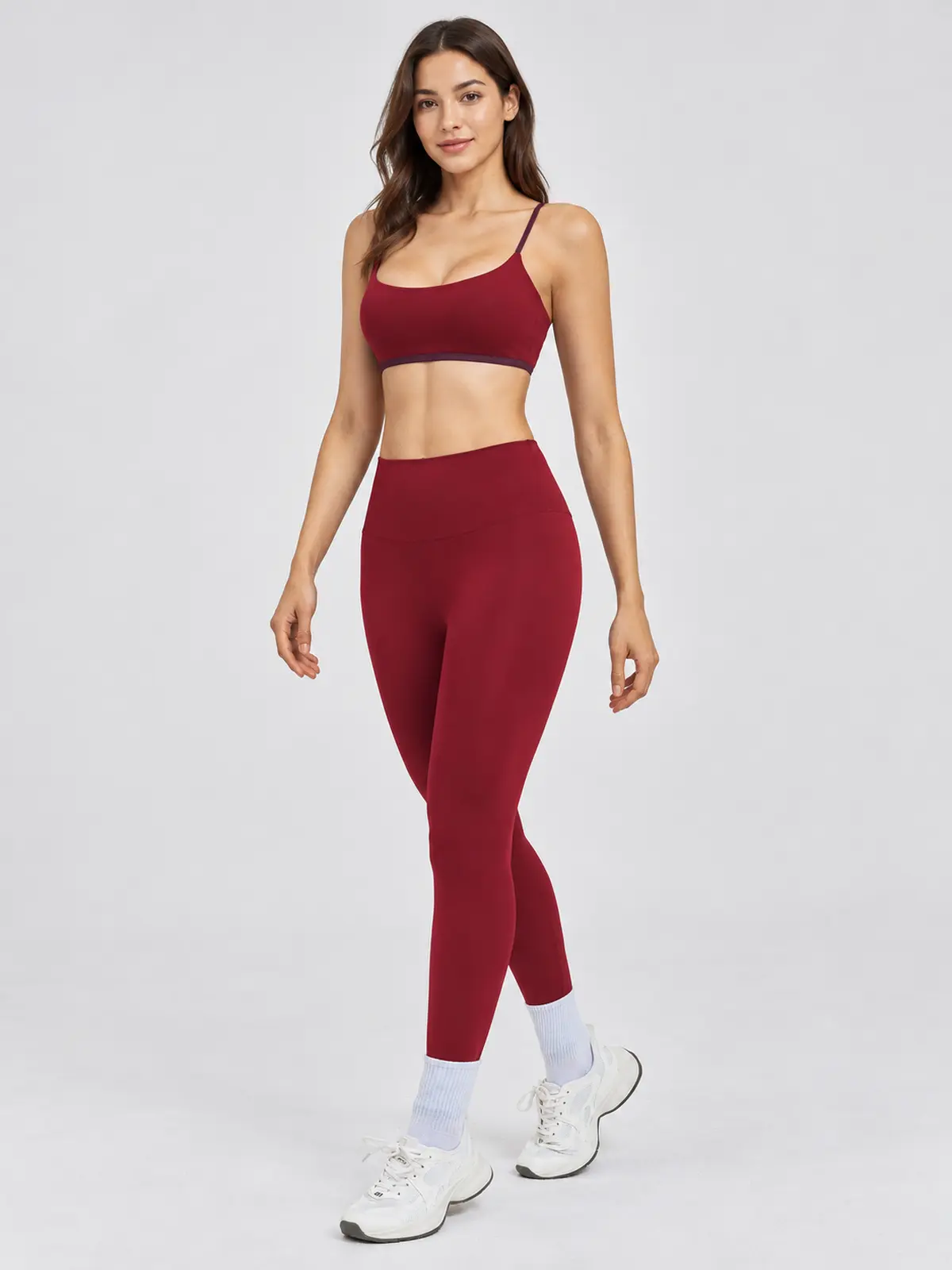 Cobalt Morrow Scoop-Neck Sports Bra and Full-Length Leggings Set — burgundy red with dark purple trim — general — authoritative variation match