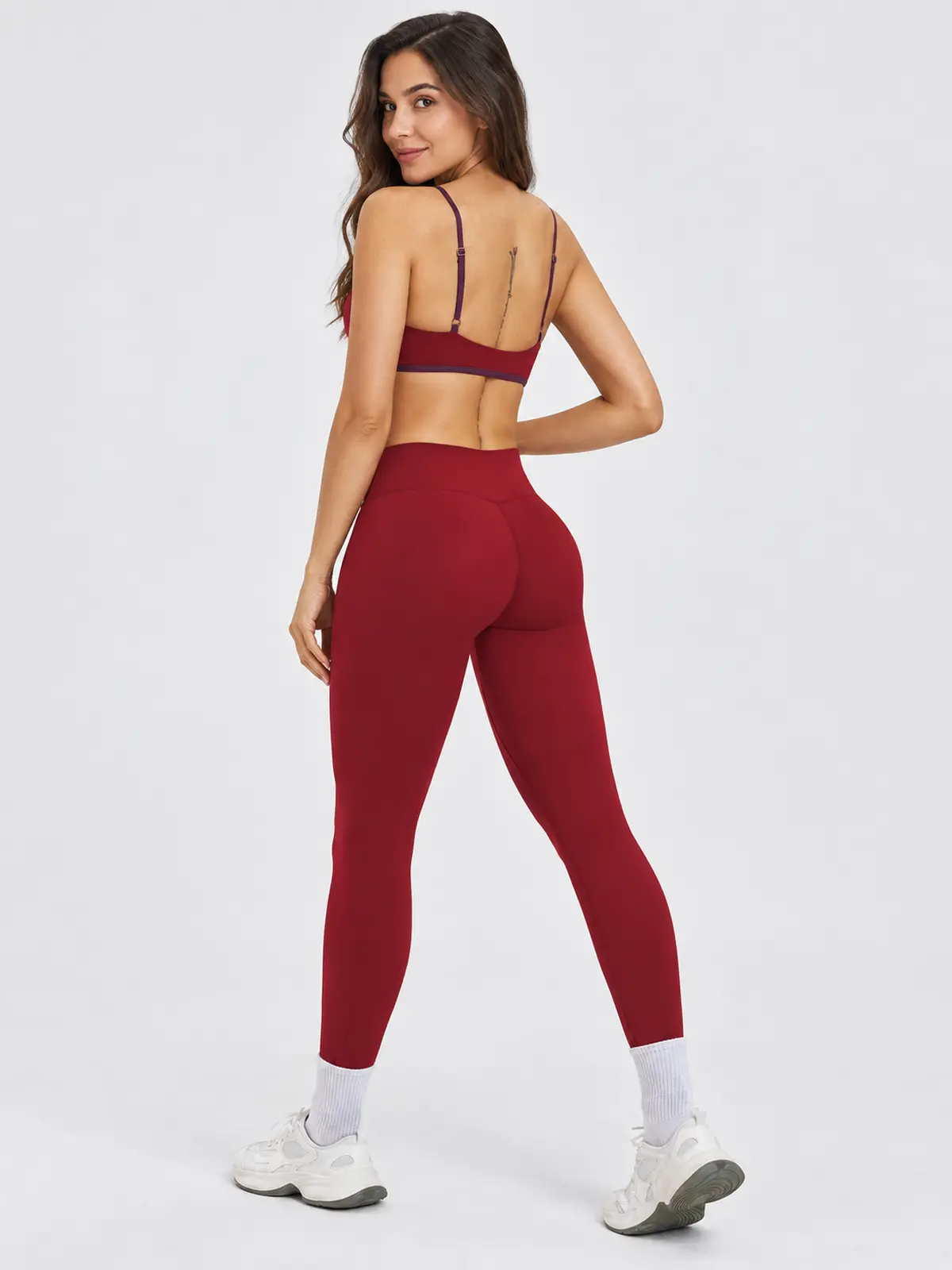 Cobalt Morrow Scoop-Neck Sports Bra and Full-Length Leggings Set — burgundy red with dark purple trim — general — authoritative variation match