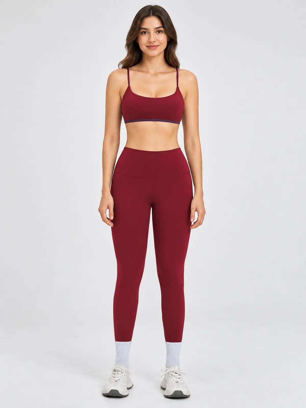 Cobalt Morrow Scoop-Neck Sports Bra and Full-Length Leggings Set — burgundy red with dark purple trim — general — authoritative variation match